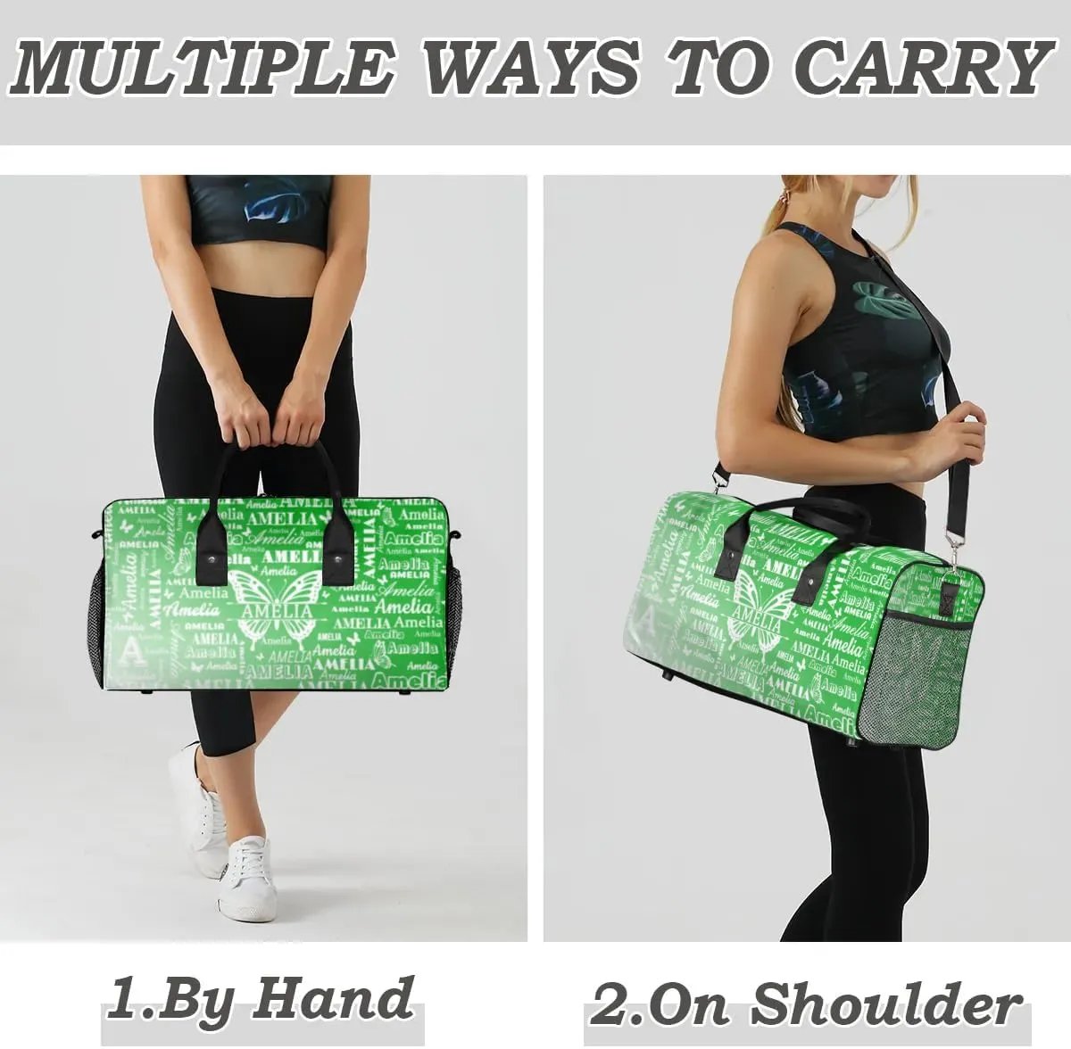 Custom Name Sport Duffel Bag with Butterfly, Personalized Initial Gym Bag for Women, Custom Travel Tote Bags for Dance Cheer, Overnight Weekender Bags, Grass Green Gradient