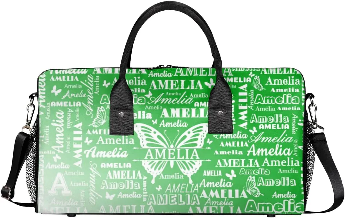 Custom Name Sport Duffel Bag with Butterfly, Personalized Initial Gym Bag for Women, Custom Travel Tote Bags for Dance Cheer, Overnight Weekender Bags, Grass Green Gradient