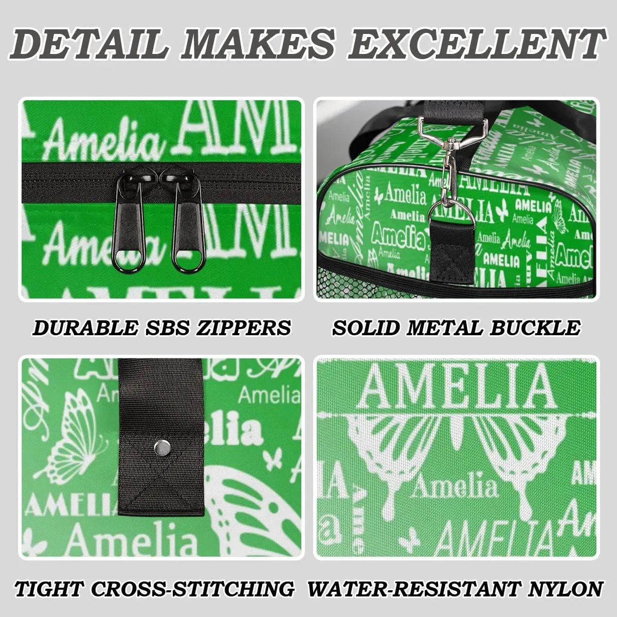 Custom Name Sport Duffel Bag with Butterfly, Personalized Initial Gym Bag for Women, Custom Travel Tote Bags for Dance Cheer, Overnight Weekender Bags, Grass Green Gradient
