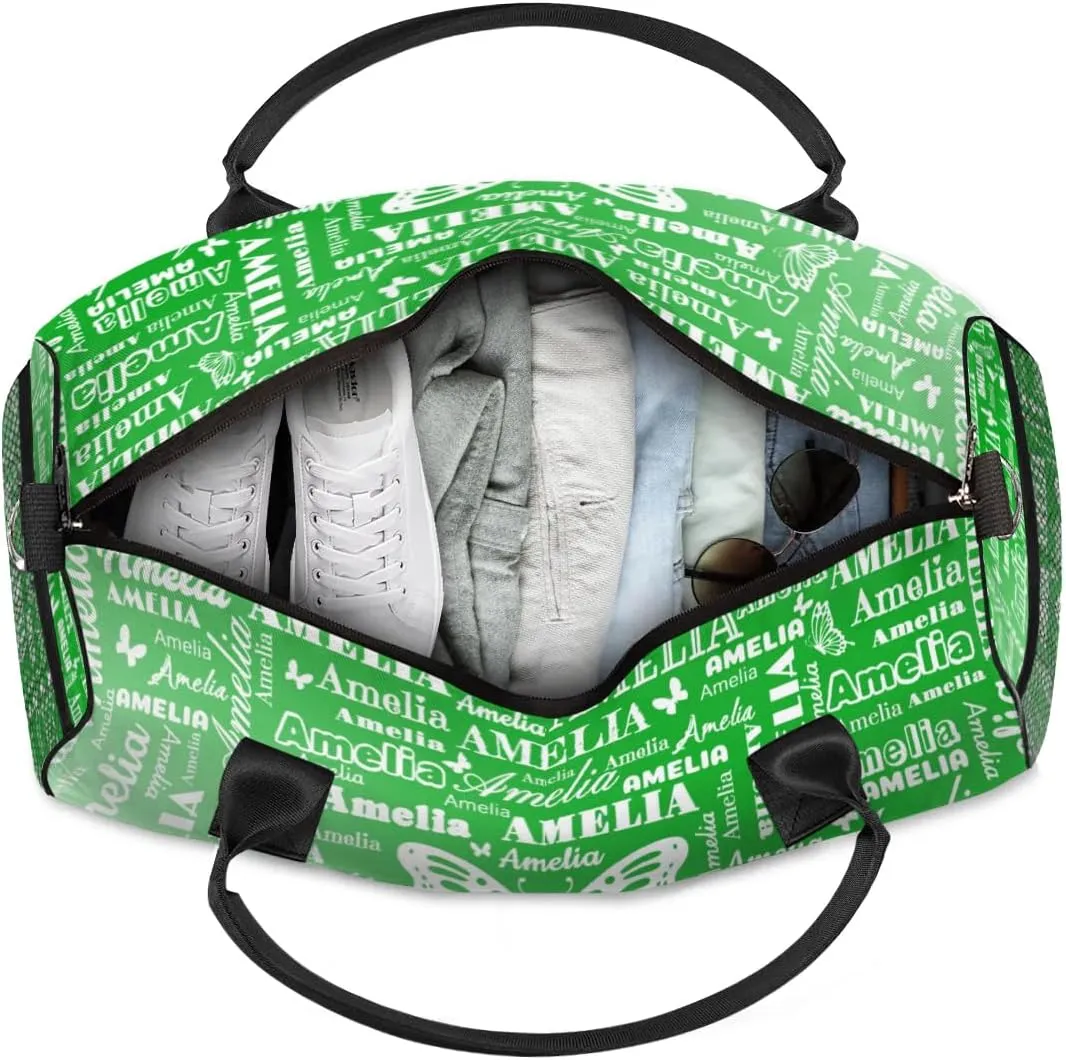 Custom Name Sport Duffel Bag with Butterfly, Personalized Initial Gym Bag for Women, Custom Travel Tote Bags for Dance Cheer, Overnight Weekender Bags, Grass Green Gradient