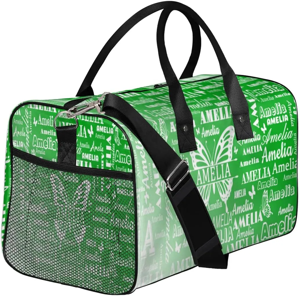 Custom Name Sport Duffel Bag with Butterfly, Personalized Initial Gym Bag for Women, Custom Travel Tote Bags for Dance Cheer, Overnight Weekender Bags, Grass Green Gradient