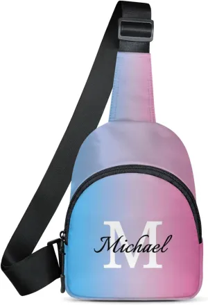 Custom Sling Bag Personalized Chest Bag Crossbody Bags with Initial Travel Shoulder Backpack for Outdoor Sports, Blue Pink Gradient