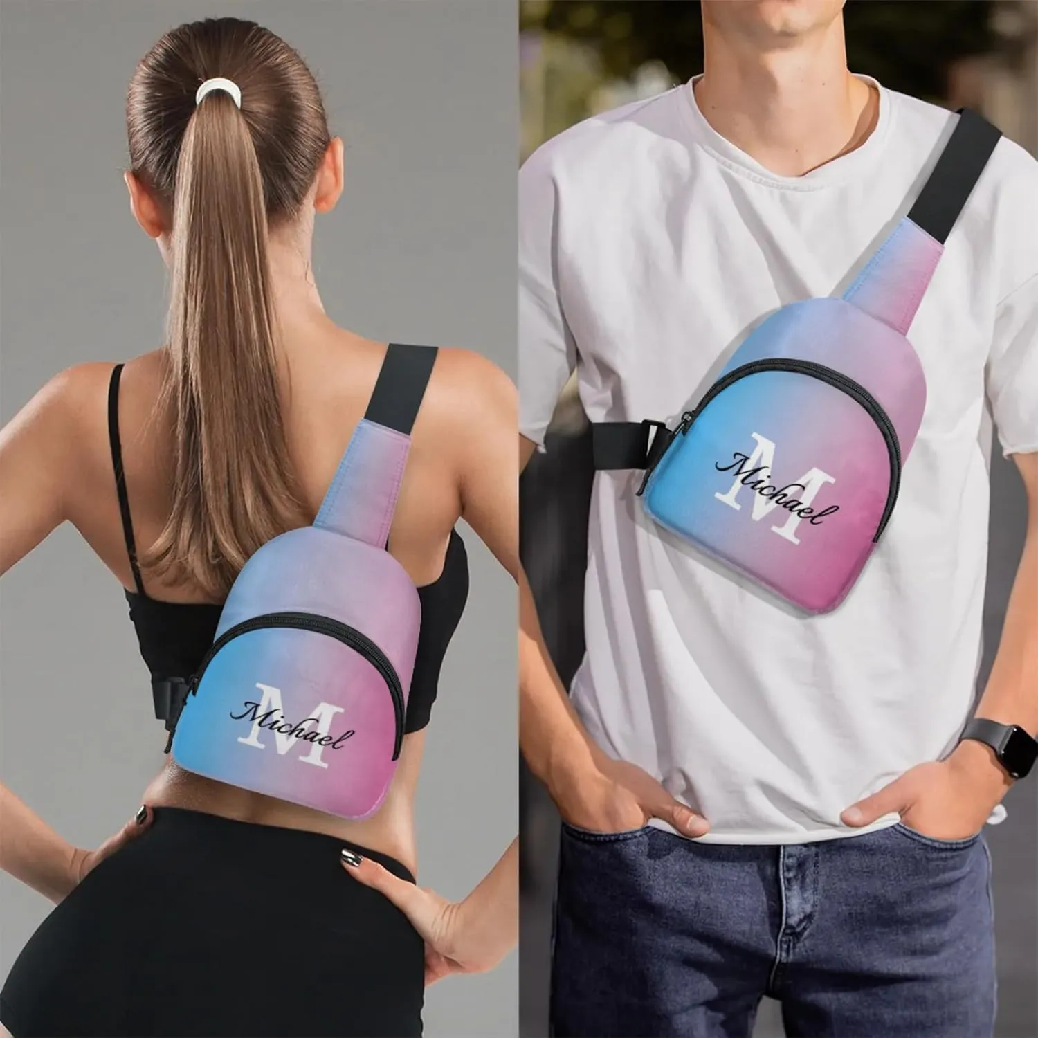 Custom Sling Bag Personalized Chest Bag Crossbody Bags with Initial Travel Shoulder Backpack for Outdoor Sports, Blue Pink Gradient
