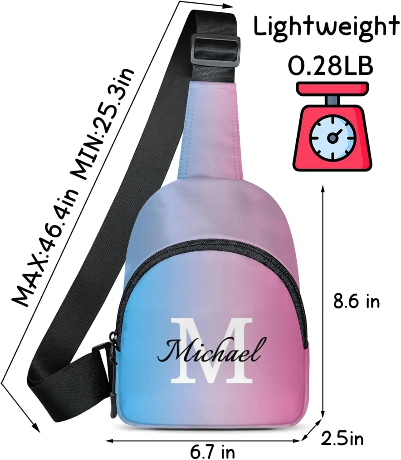 Custom Sling Bag Personalized Chest Bag Crossbody Bags with Initial Travel Shoulder Backpack for Outdoor Sports, Blue Pink Gradient