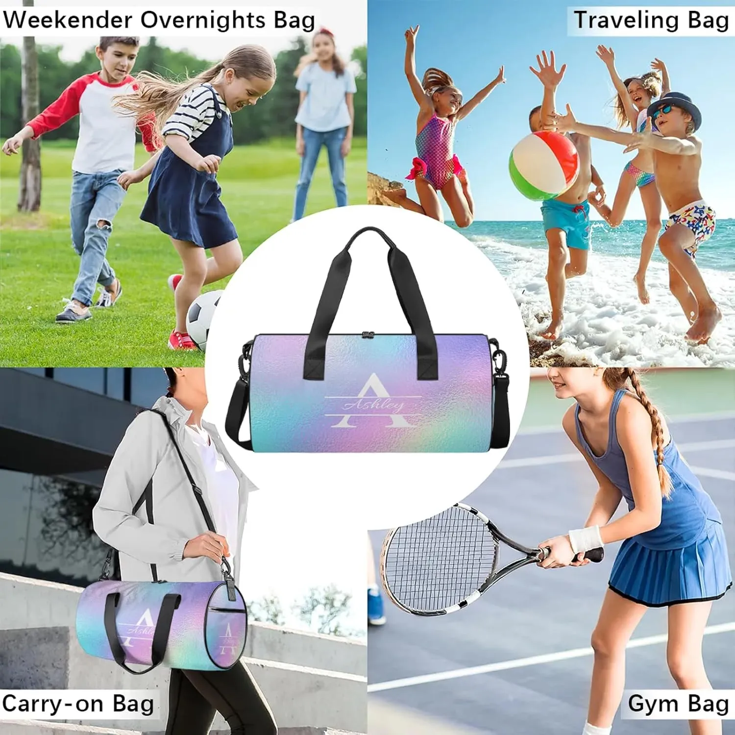 Custom Sports Duffel Bag Personalized Name Dance Gym Bag for Women Men Overnight Weekender Travel Duffel Bags Lightweight 17.6in, Gradient Blue Purple