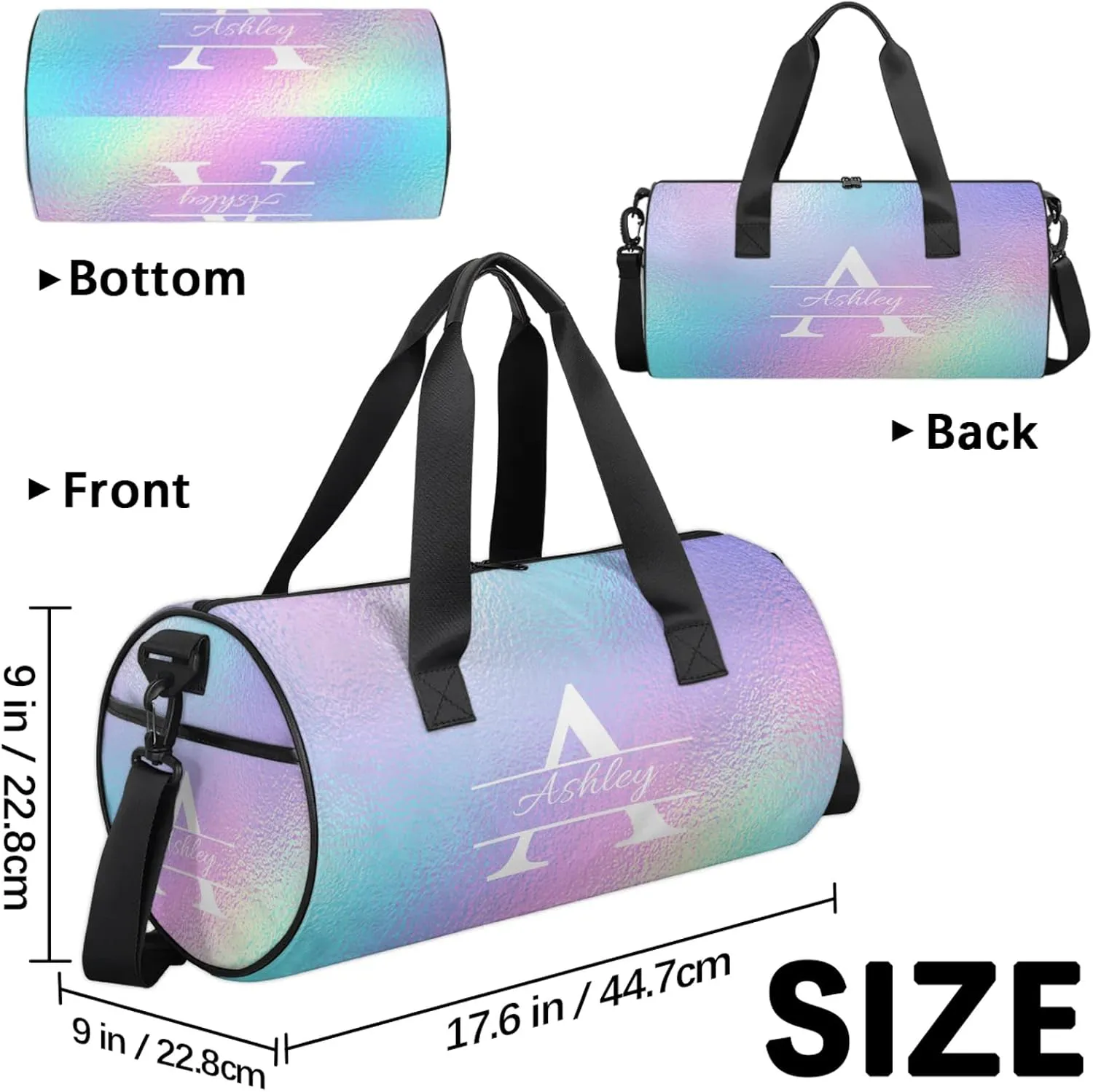 Custom Sports Duffel Bag Personalized Name Dance Gym Bag for Women Men Overnight Weekender Travel Duffel Bags Lightweight 17.6in, Gradient Blue Purple