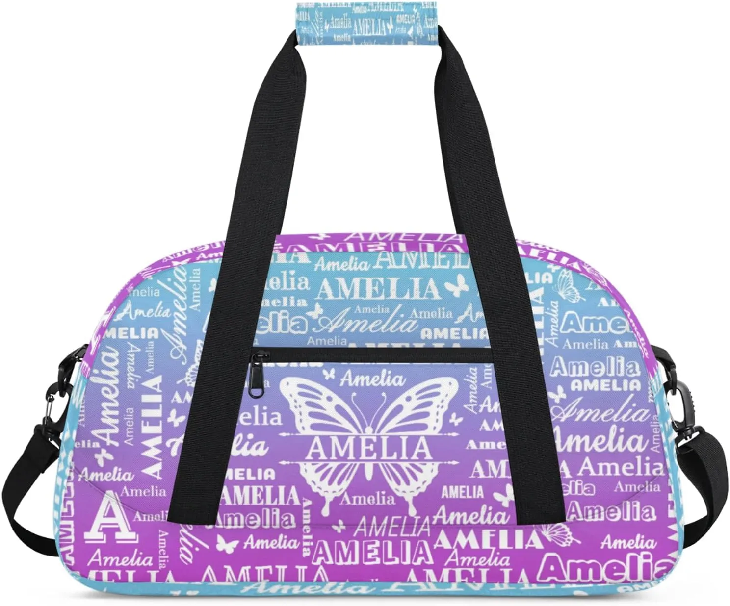 Custom Sports Duffel Bags with Name, Butterfly Personalized Gym Bag Customized Travel Duffle Bag Overnight Carry-On Bag Weekender Bags, Blue Purple Gradient