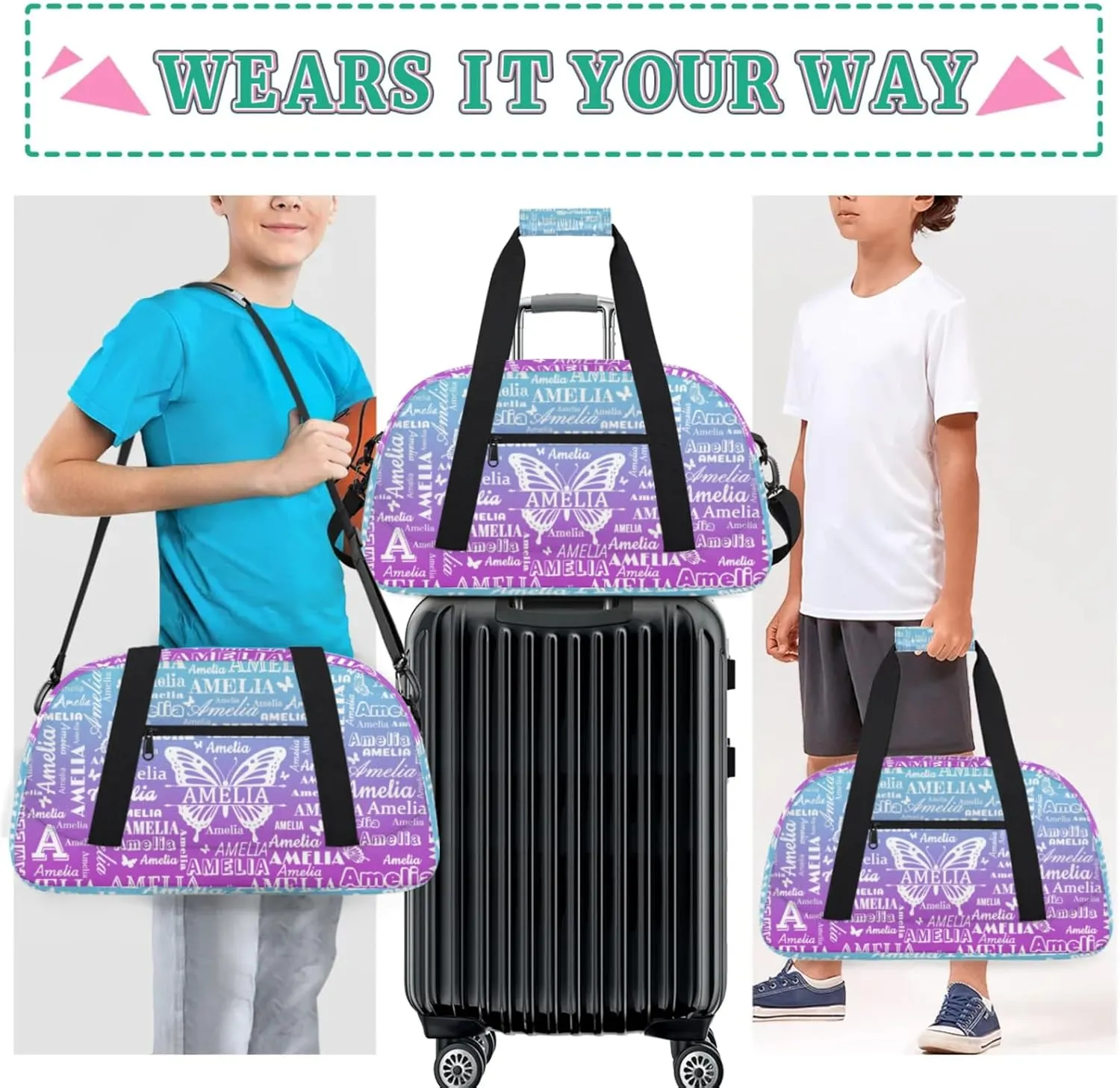 Custom Sports Duffel Bags with Name, Butterfly Personalized Gym Bag Customized Travel Duffle Bag Overnight Carry-On Bag Weekender Bags, Blue Purple Gradient
