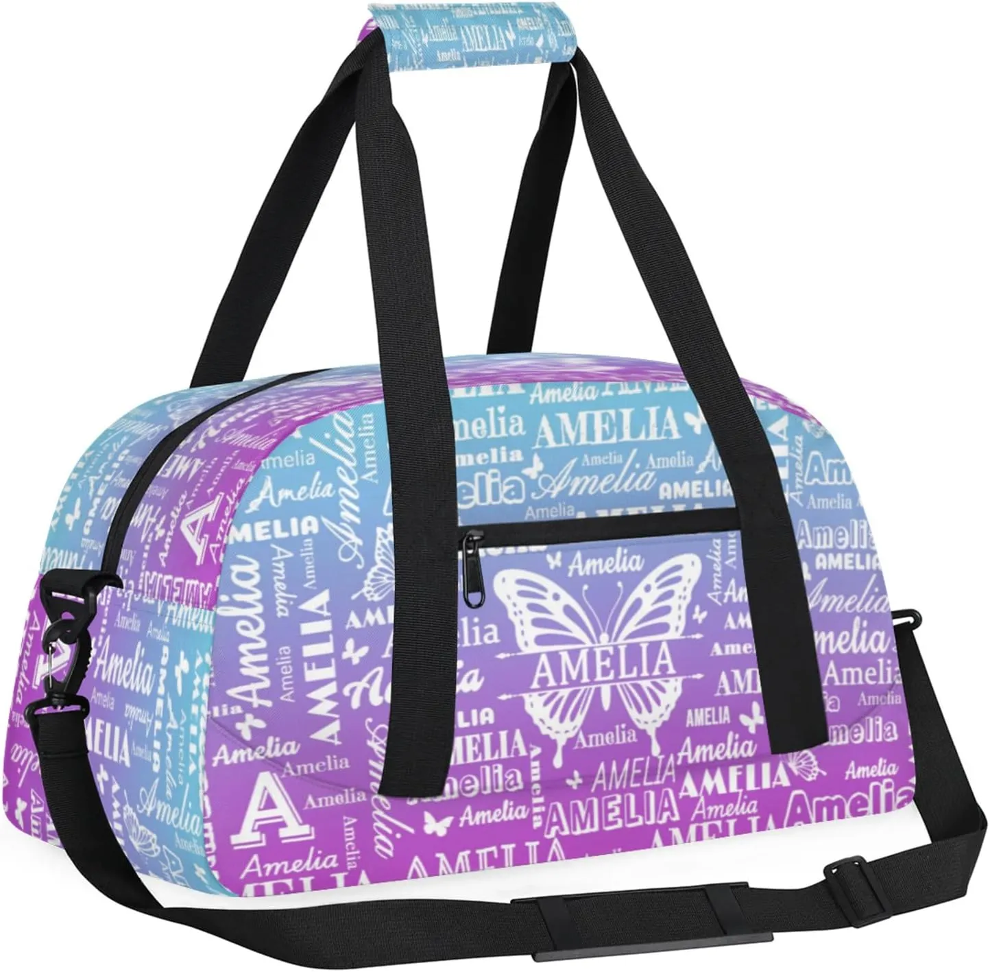 Custom Sports Duffel Bags with Name, Butterfly Personalized Gym Bag Customized Travel Duffle Bag Overnight Carry-On Bag Weekender Bags, Blue Purple Gradient