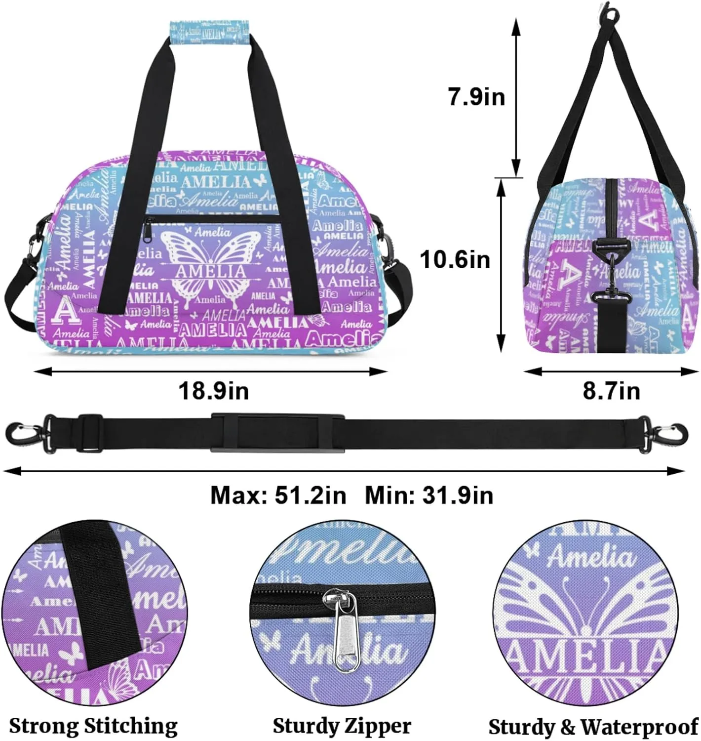 Custom Sports Duffel Bags with Name, Butterfly Personalized Gym Bag Customized Travel Duffle Bag Overnight Carry-On Bag Weekender Bags, Blue Purple Gradient
