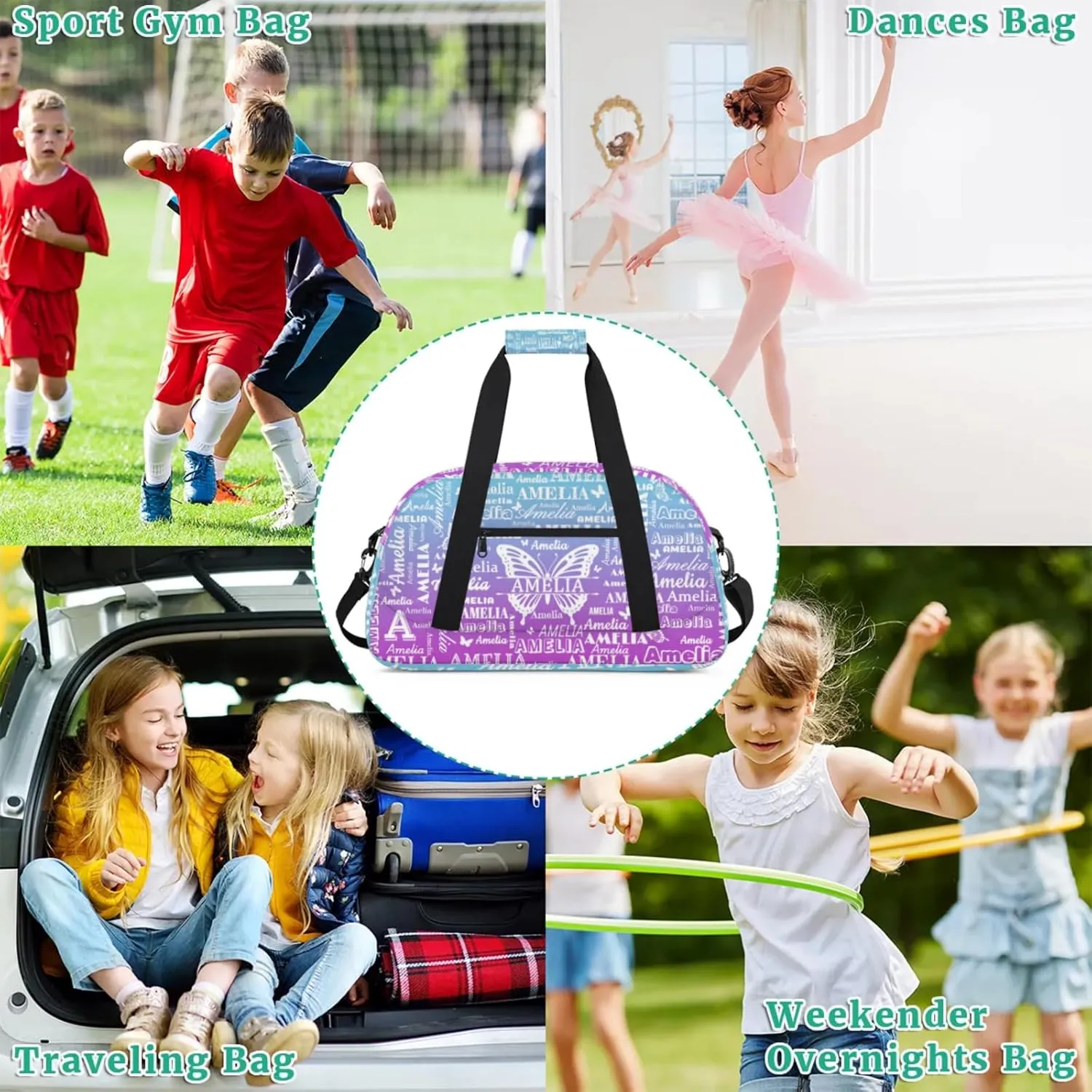 Custom Sports Duffel Bags with Name, Butterfly Personalized Gym Bag Customized Travel Duffle Bag Overnight Carry-On Bag Weekender Bags, Blue Purple Gradient
