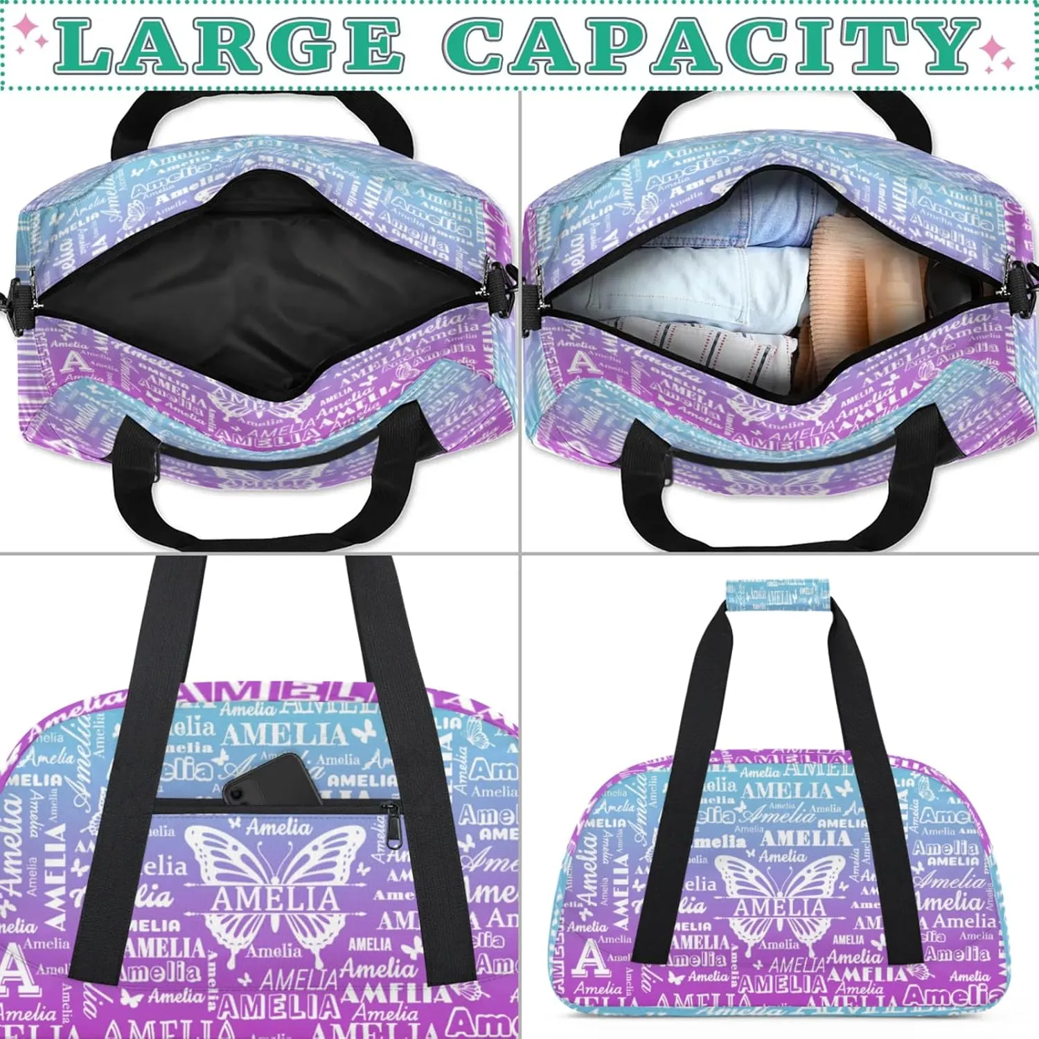Custom Sports Duffel Bags with Name, Butterfly Personalized Gym Bag Customized Travel Duffle Bag Overnight Carry-On Bag Weekender Bags, Blue Purple Gradient