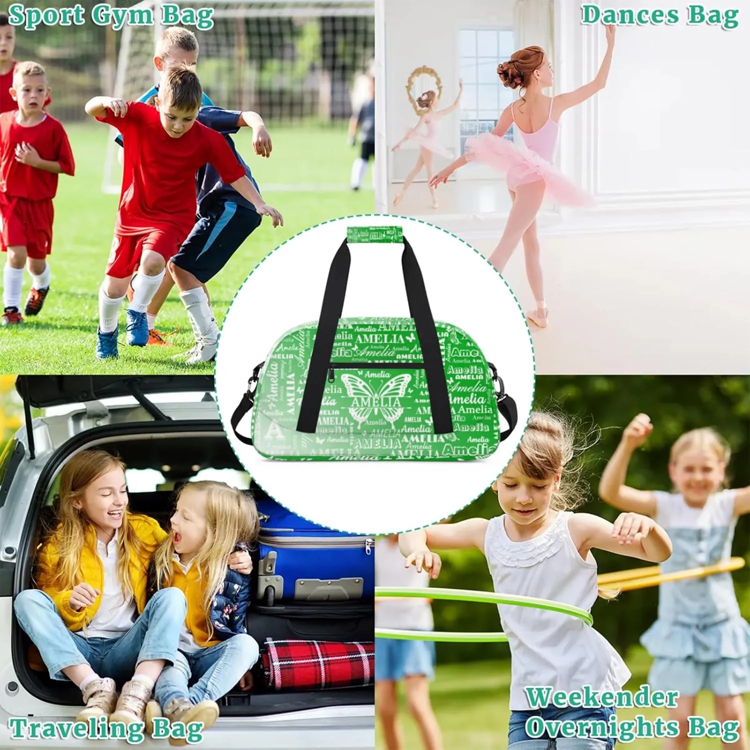 Custom Sports Duffel Bags with Name, Butterfly Personalized Gym Bag Customized Travel Duffle Bag Overnight Carry-On Bag Weekender Bags, Grass Green Gradient