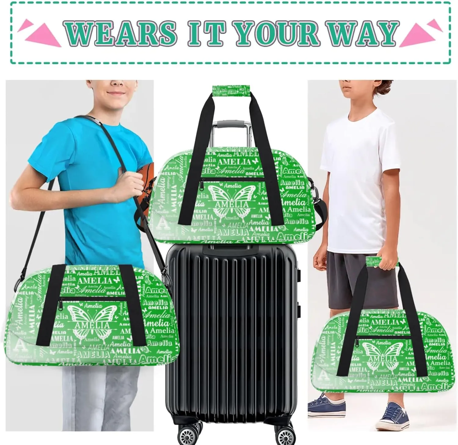 Custom Sports Duffel Bags with Name, Butterfly Personalized Gym Bag Customized Travel Duffle Bag Overnight Carry-On Bag Weekender Bags, Grass Green Gradient