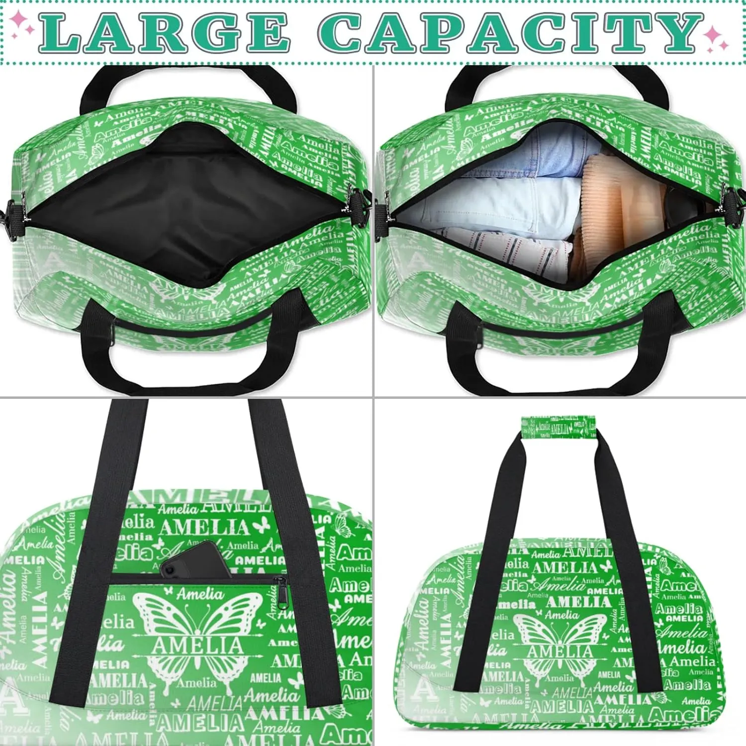 Custom Sports Duffel Bags with Name, Butterfly Personalized Gym Bag Customized Travel Duffle Bag Overnight Carry-On Bag Weekender Bags, Grass Green Gradient