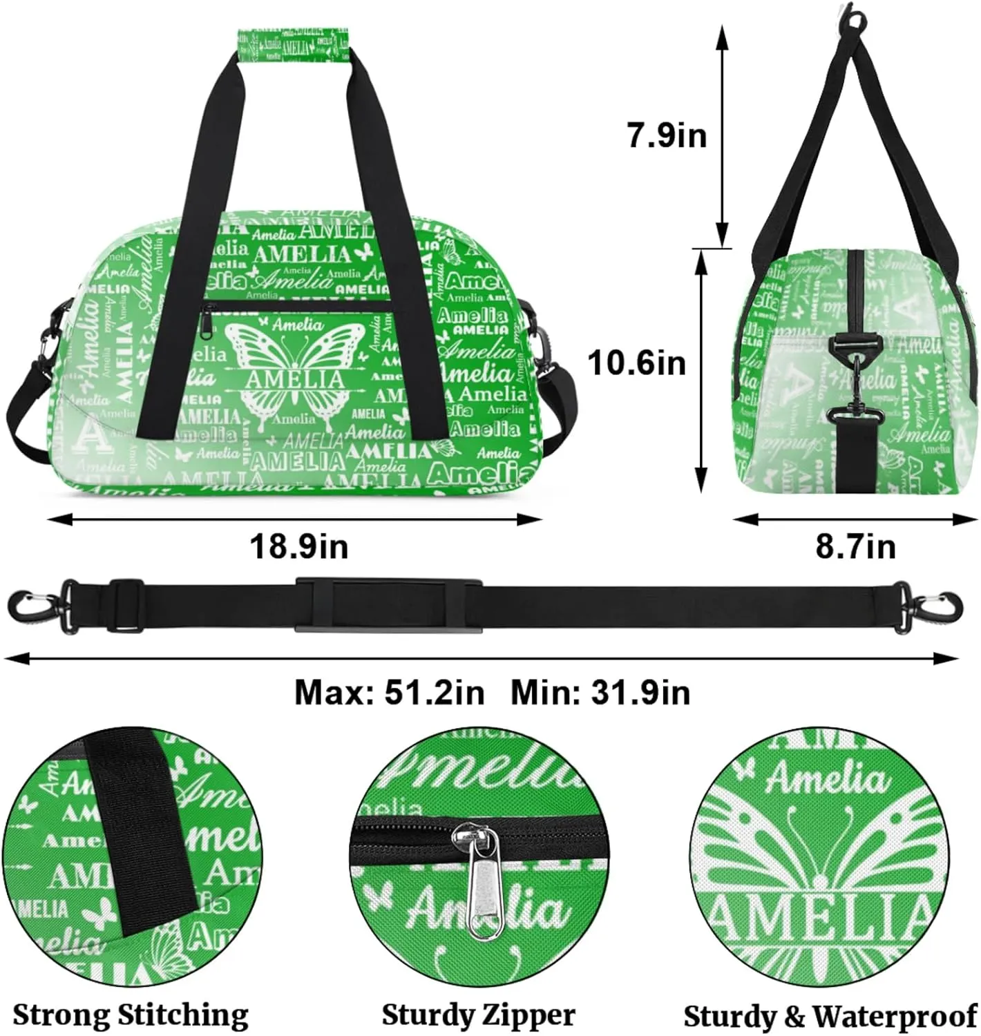 Custom Sports Duffel Bags with Name, Butterfly Personalized Gym Bag Customized Travel Duffle Bag Overnight Carry-On Bag Weekender Bags, Grass Green Gradient