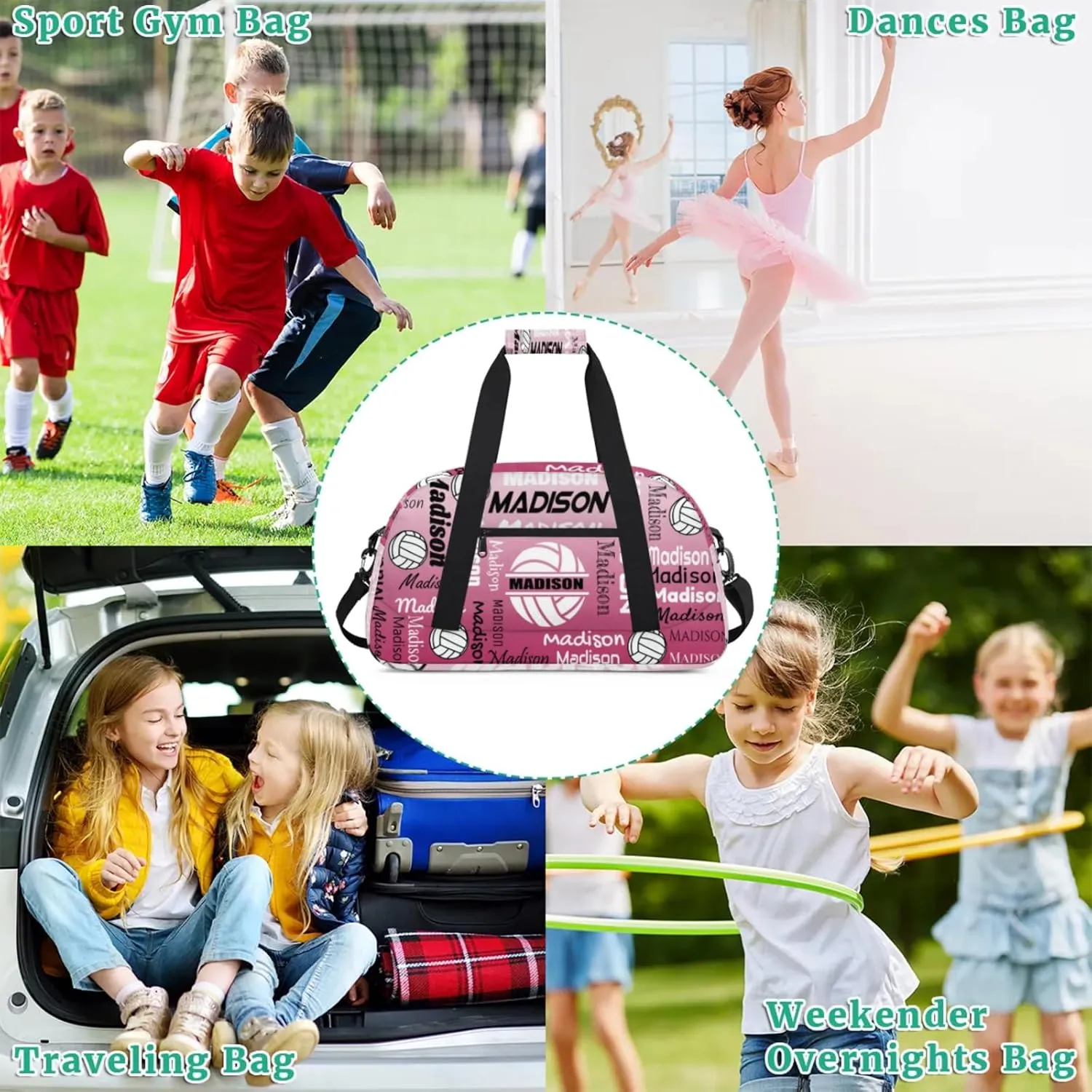Custom Volleyball Gym Bag Duffel Bag for Women Men, Personalized Name Sport Bag Customized Overnight Bags Travel Weekender Bag, Dark Pink Gradient