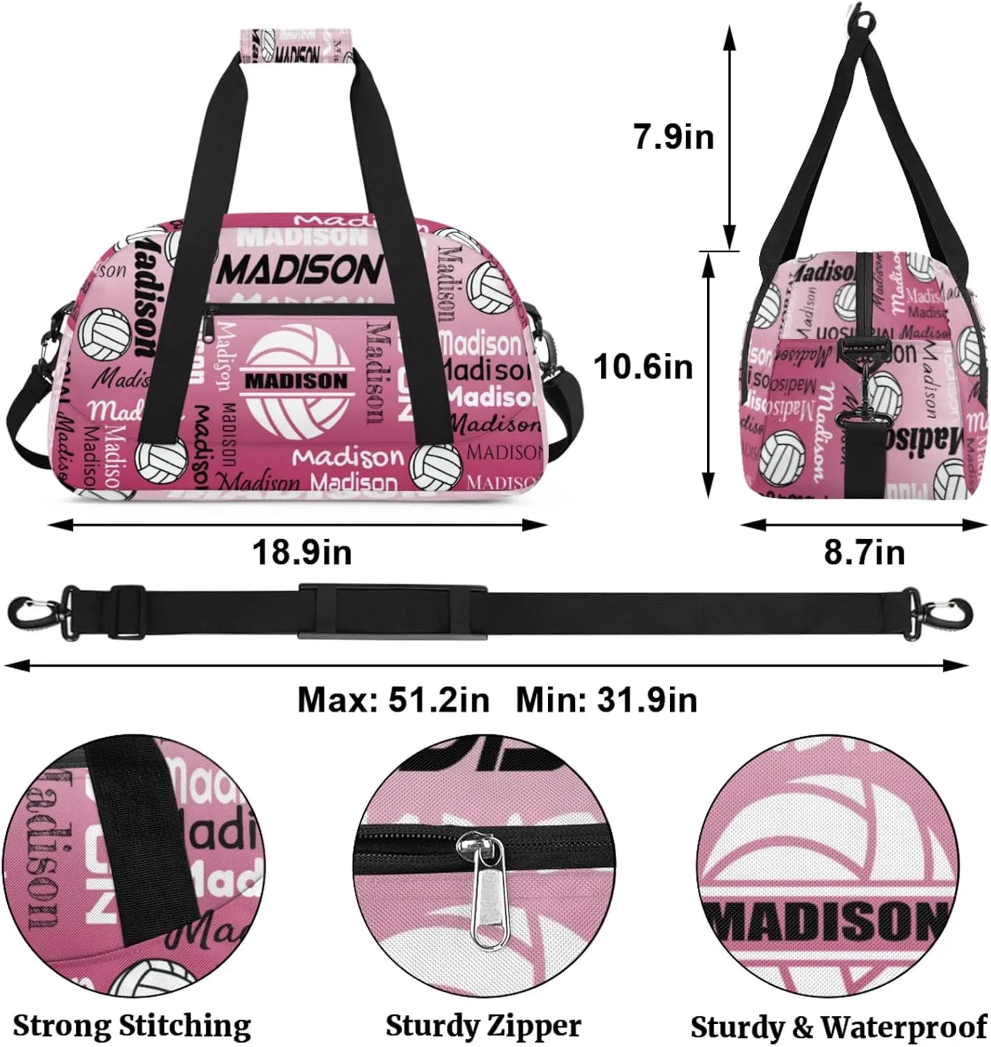 Custom Volleyball Gym Bag Duffel Bag for Women Men, Personalized Name Sport Bag Customized Overnight Bags Travel Weekender Bag, Dark Pink Gradient