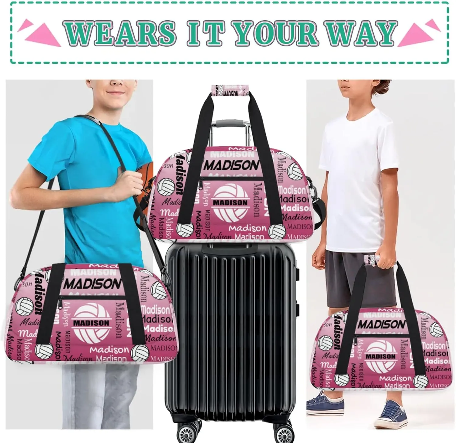 Custom Volleyball Gym Bag Duffel Bag for Women Men, Personalized Name Sport Bag Customized Overnight Bags Travel Weekender Bag, Dark Pink Gradient
