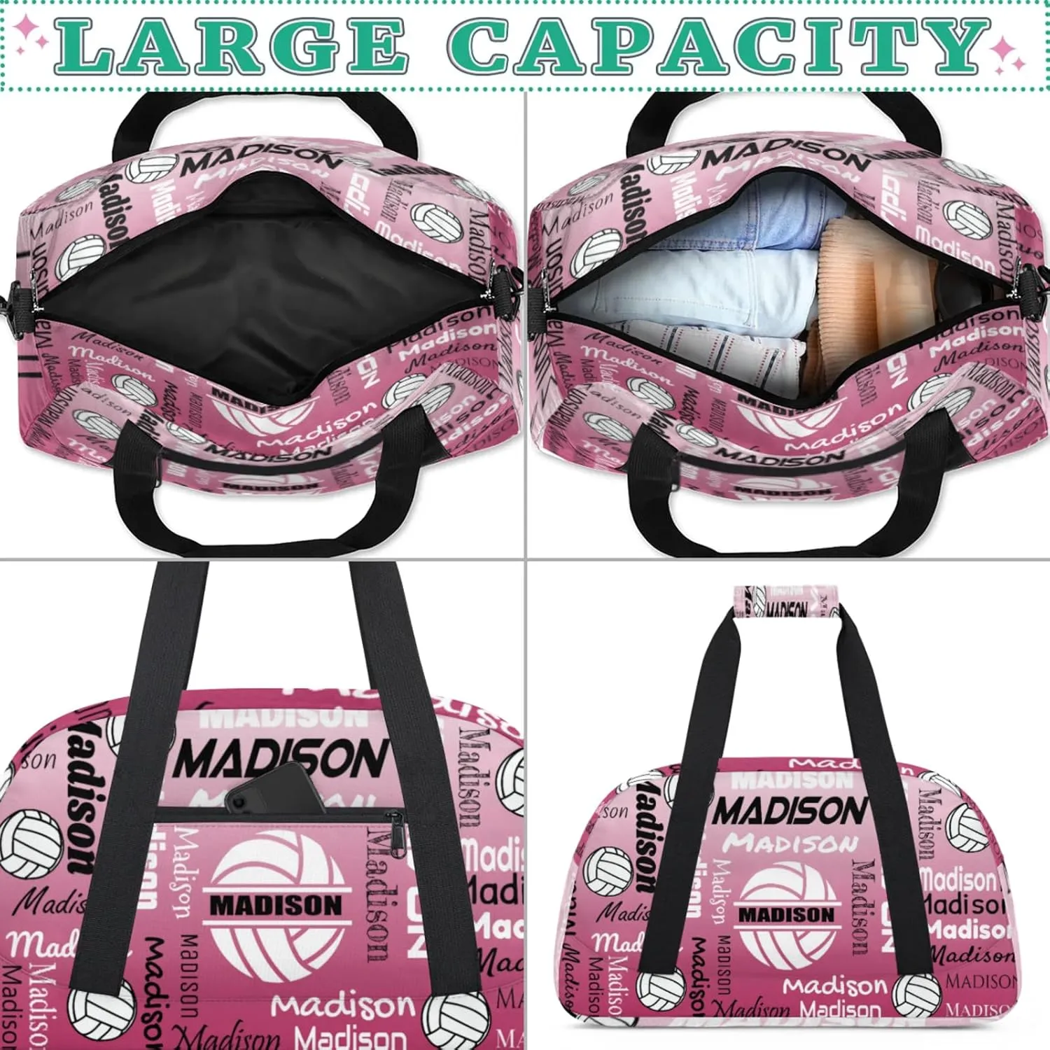 Custom Volleyball Gym Bag Duffel Bag for Women Men, Personalized Name Sport Bag Customized Overnight Bags Travel Weekender Bag, Dark Pink Gradient