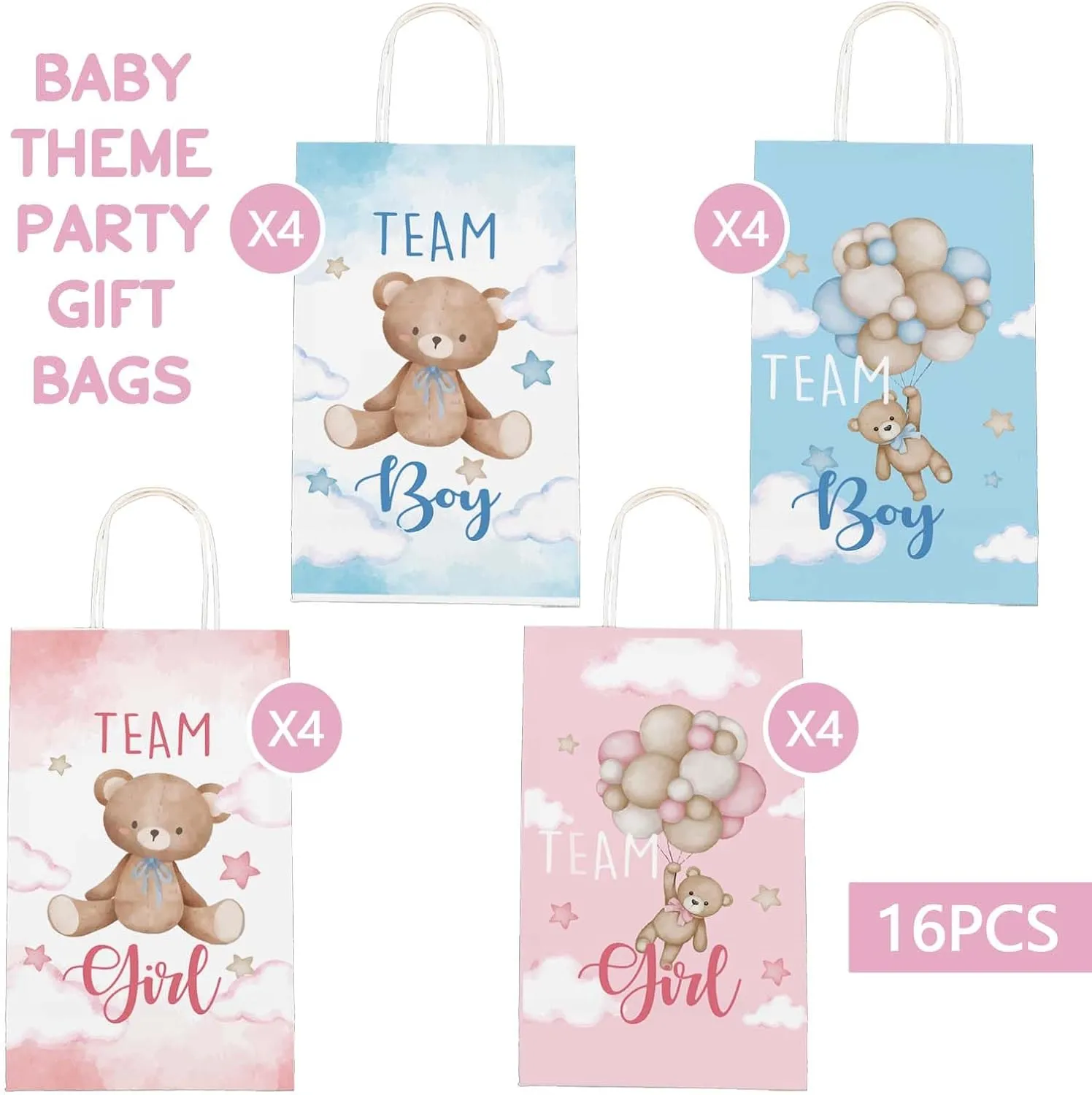 CUTALU Baby Shower Birthday Gifts Bag，Gender Reveal Party Supplies，Paper GoodieBags Treat bags for Gender Reveal with Pink Blue Balloons Bear Design with Handles 16Pcs