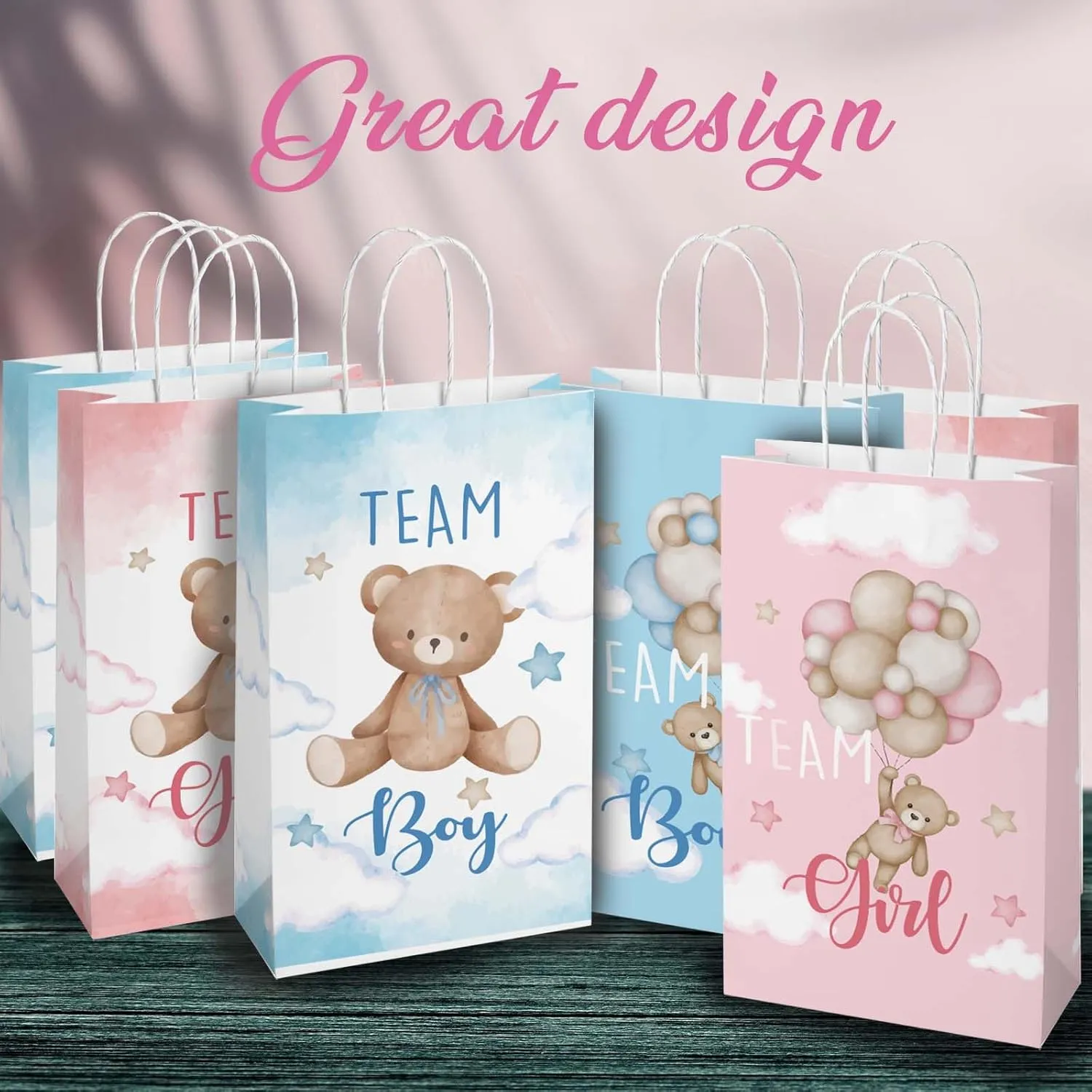CUTALU Baby Shower Birthday Gifts Bag，Gender Reveal Party Supplies，Paper GoodieBags Treat bags for Gender Reveal with Pink Blue Balloons Bear Design with Handles 16Pcs