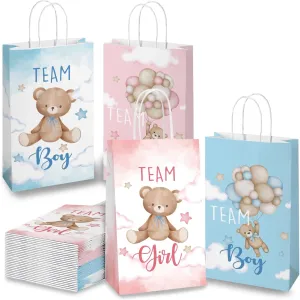 CUTALU Baby Shower Birthday Gifts Bag，Gender Reveal Party Supplies，Paper GoodieBags Treat bags for Gender Reveal with Pink Blue Balloons Bear Design with Handles 16Pcs