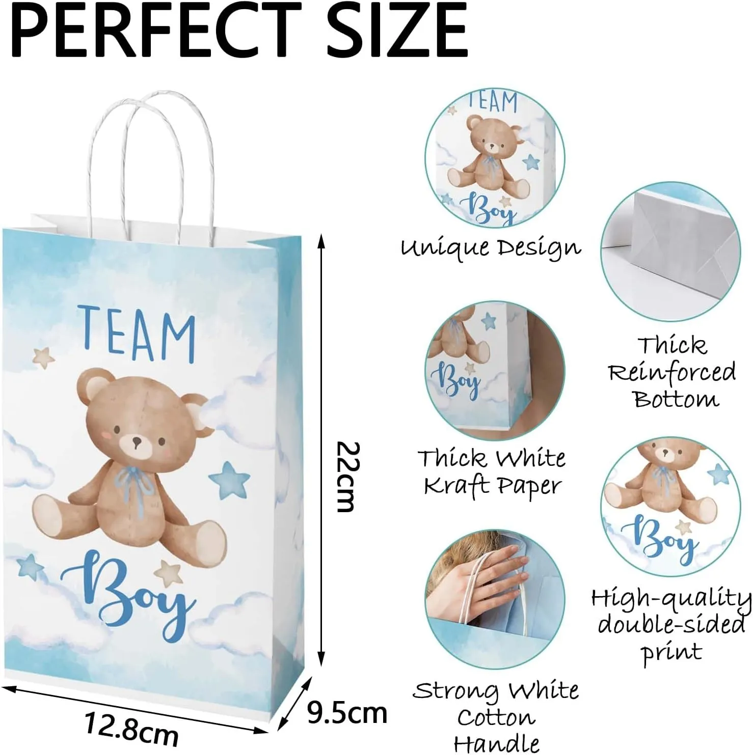 CUTALU Baby Shower Birthday Gifts Bag，Gender Reveal Party Supplies，Paper GoodieBags Treat bags for Gender Reveal with Pink Blue Balloons Bear Design with Handles 16Pcs