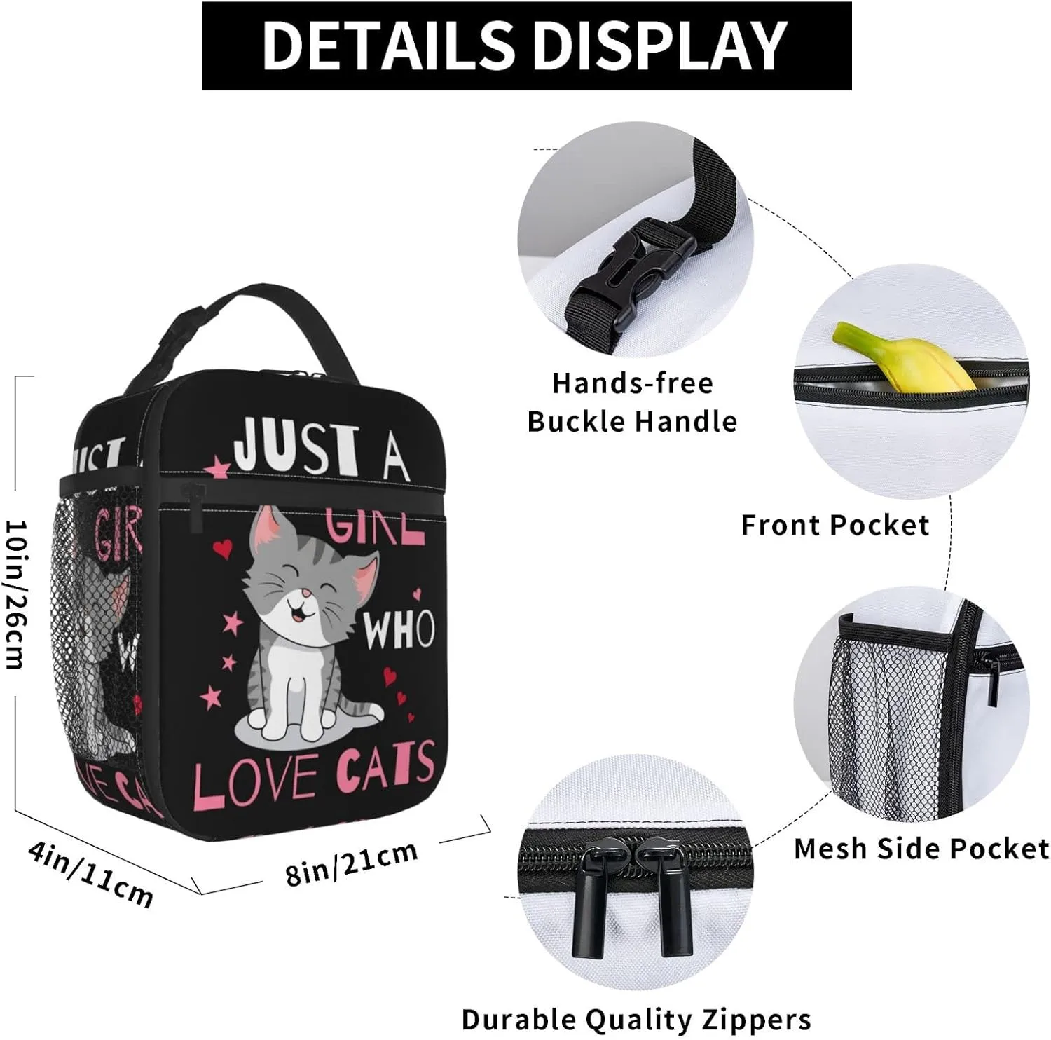 Cute Cat Lunch Bag Large Capacity Heat Insulated Lunch Box Leakproof Durable Portable Reusable Handbags Thermal Cooler Tote Bag, Just A Girl Who Loves Cats (One Size, Black)