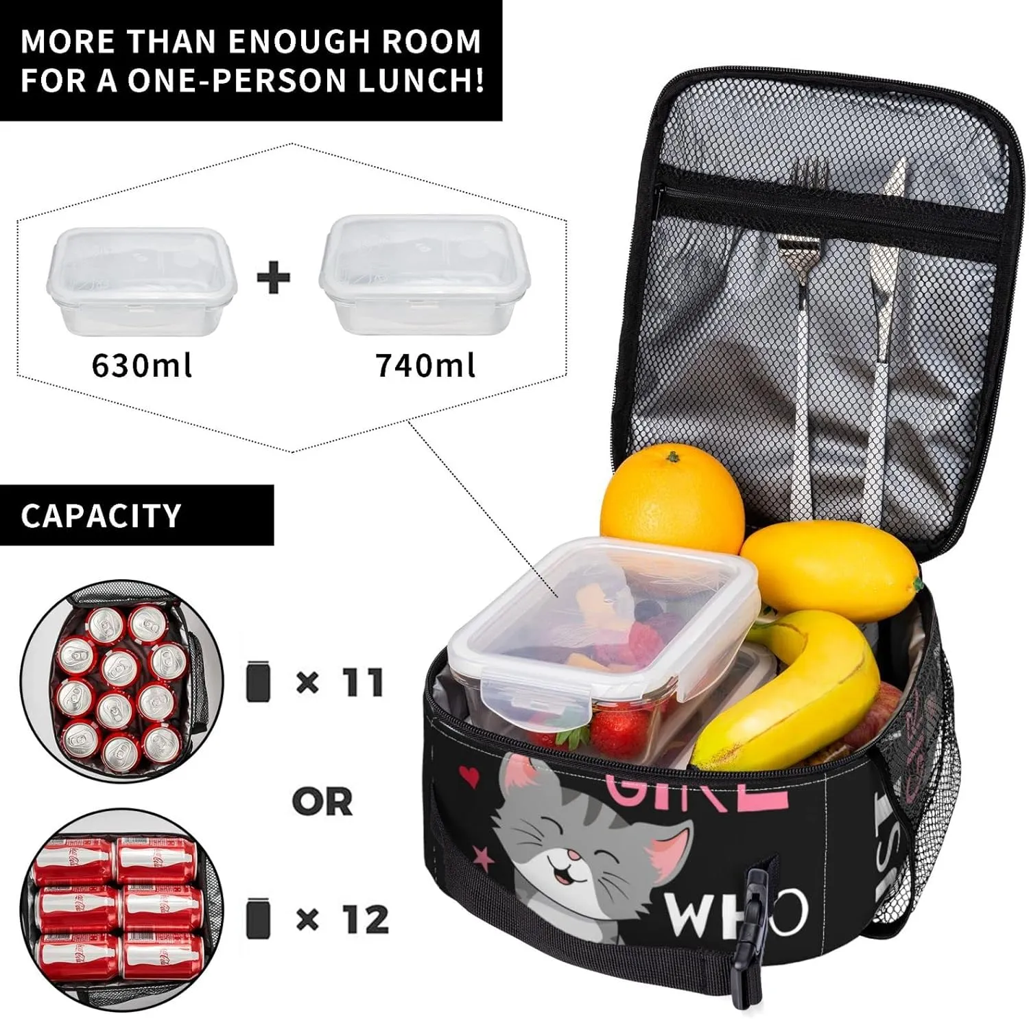 Cute Cat Lunch Bag Large Capacity Heat Insulated Lunch Box Leakproof Durable Portable Reusable Handbags Thermal Cooler Tote Bag, Just A Girl Who Loves Cats (One Size, Black)