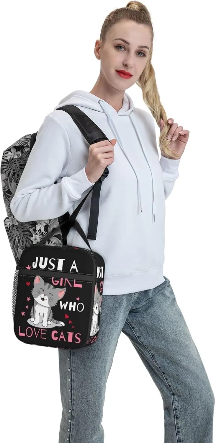 Cute Cat Lunch Bag Large Capacity Heat Insulated Lunch Box Leakproof Durable Portable Reusable Handbags Thermal Cooler Tote Bag, Just A Girl Who Loves Cats (One Size, Black)