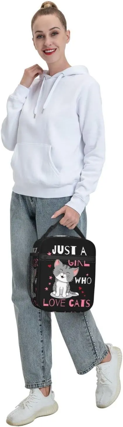 Cute Cat Lunch Bag Large Capacity Heat Insulated Lunch Box Leakproof Durable Portable Reusable Handbags Thermal Cooler Tote Bag, Just A Girl Who Loves Cats (One Size, Black)