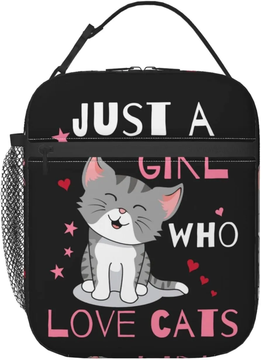 Cute Cat Lunch Bag Large Capacity Heat Insulated Lunch Box Leakproof Durable Portable Reusable Handbags Thermal Cooler Tote Bag, Just A Girl Who Loves Cats (One Size, Black)