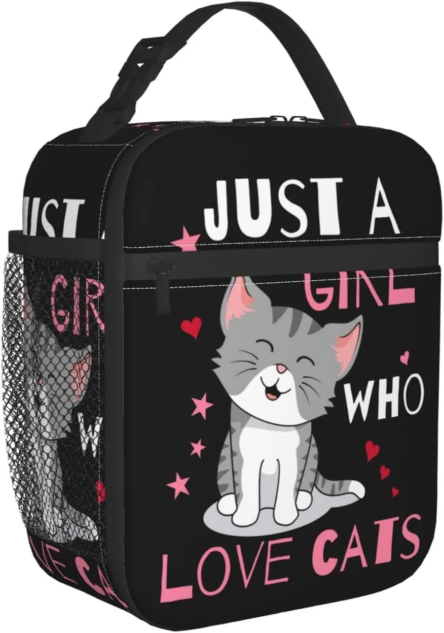 Cute Cat Lunch Bag Large Capacity Heat Insulated Lunch Box Leakproof Durable Portable Reusable Handbags Thermal Cooler Tote Bag, Just A Girl Who Loves Cats (One Size, Black)