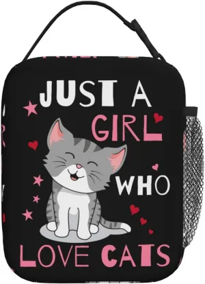 Cute Cat Lunch Bag Large Capacity Heat Insulated Lunch Box Leakproof Durable Portable Reusable Handbags Thermal Cooler Tote Bag, Just A Girl Who Loves Cats (One Size, Black)