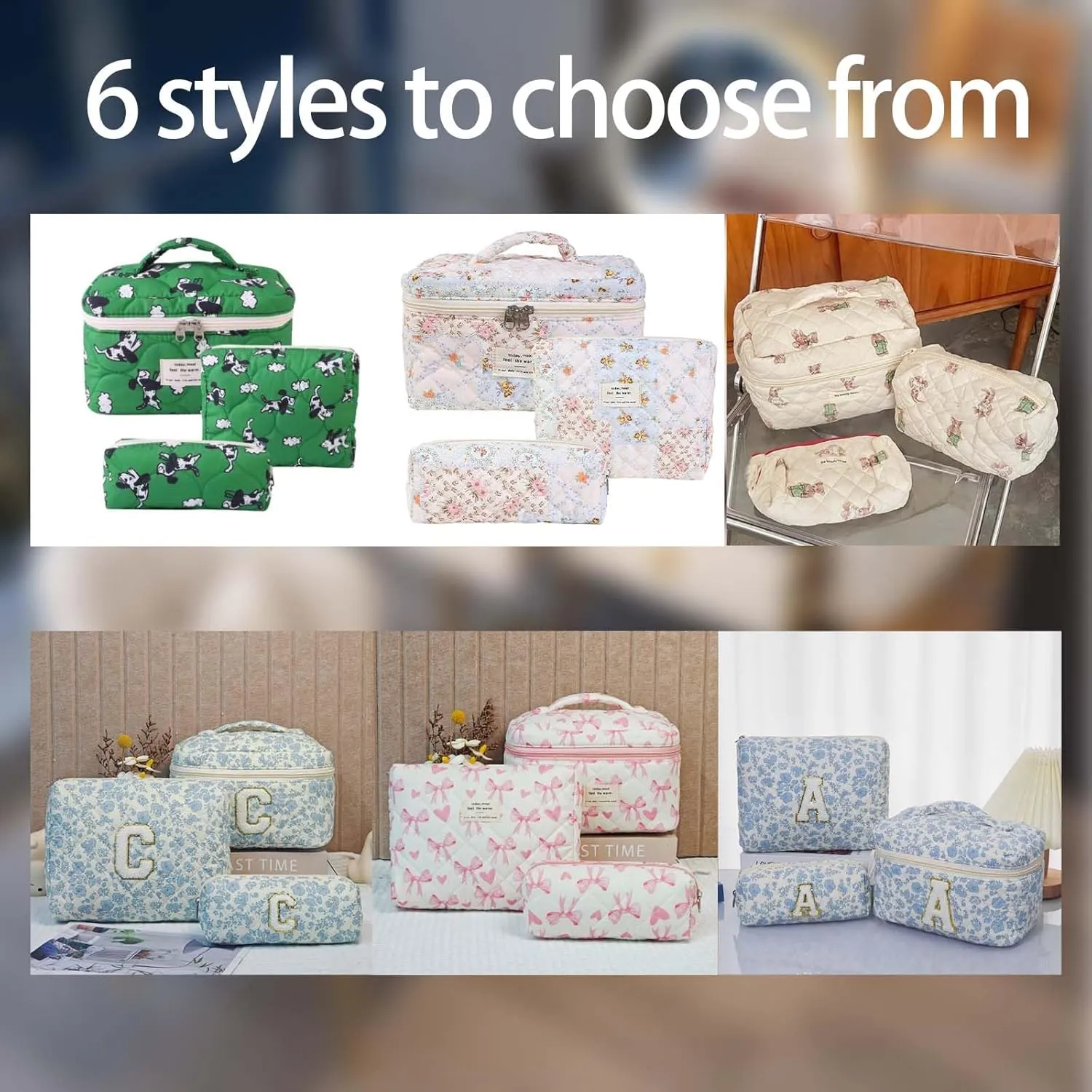 Cute Cotton Makeup Bags Set, Flower Travel Toiletry Organizer Bag - Personalized Initial Makeup Bag Quilted Cosmetic Bag,For Mom Daughter Friend GiftM （White/a