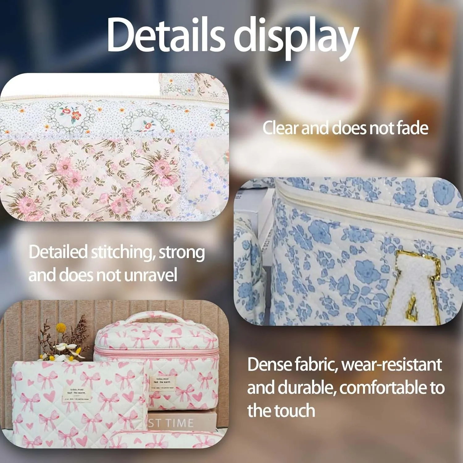 Cute Cotton Makeup Bags Set, Flower Travel Toiletry Organizer Bag - Personalized Initial Makeup Bag Quilted Cosmetic Bag,For Mom Daughter Friend GiftM （White/a