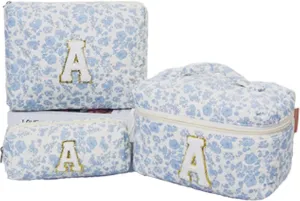 Cute Cotton Makeup Bags Set, Flower Travel Toiletry Organizer Bag - Personalized Initial Makeup Bag Quilted Cosmetic Bag,For Mom Daughter Friend GiftM （White/a