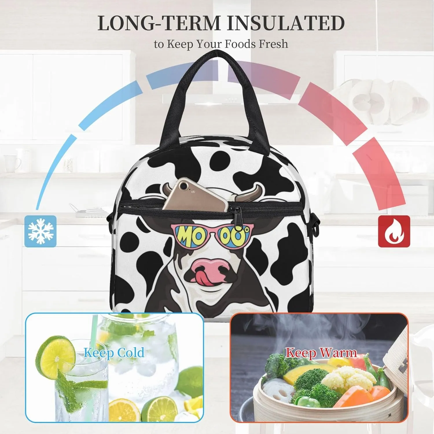 Cute Cow Glasses Lunch Bag with Adjustable Shoulder Strap for Women Men Reusable Lunch Box Leakproof Tote Bags Insulated Cooler for Work Travel Outdoor(9 x 5 x 7.8 Inches)