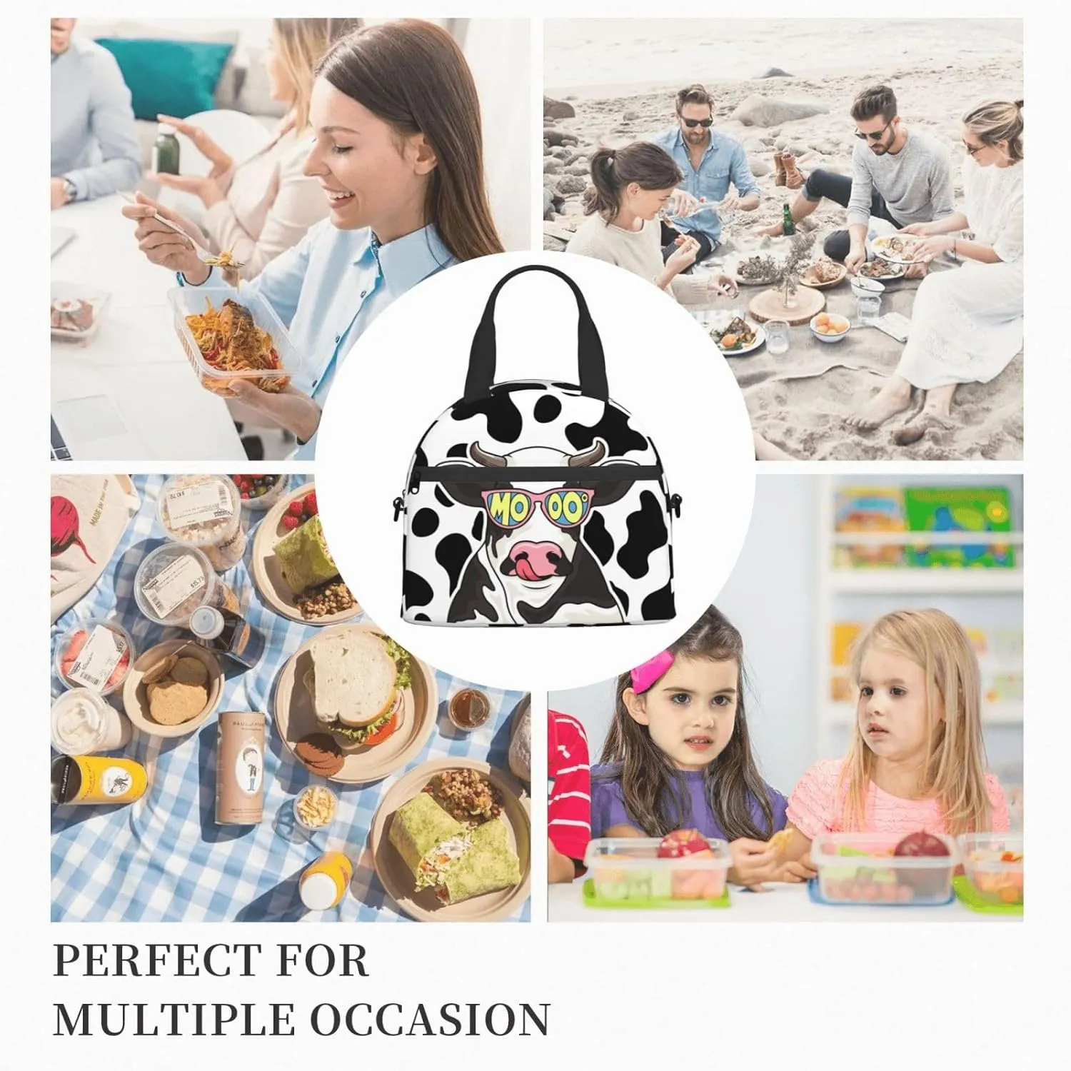 Cute Cow Glasses Lunch Bag with Adjustable Shoulder Strap for Women Men Reusable Lunch Box Leakproof Tote Bags Insulated Cooler for Work Travel Outdoor(9 x 5 x 7.8 Inches)