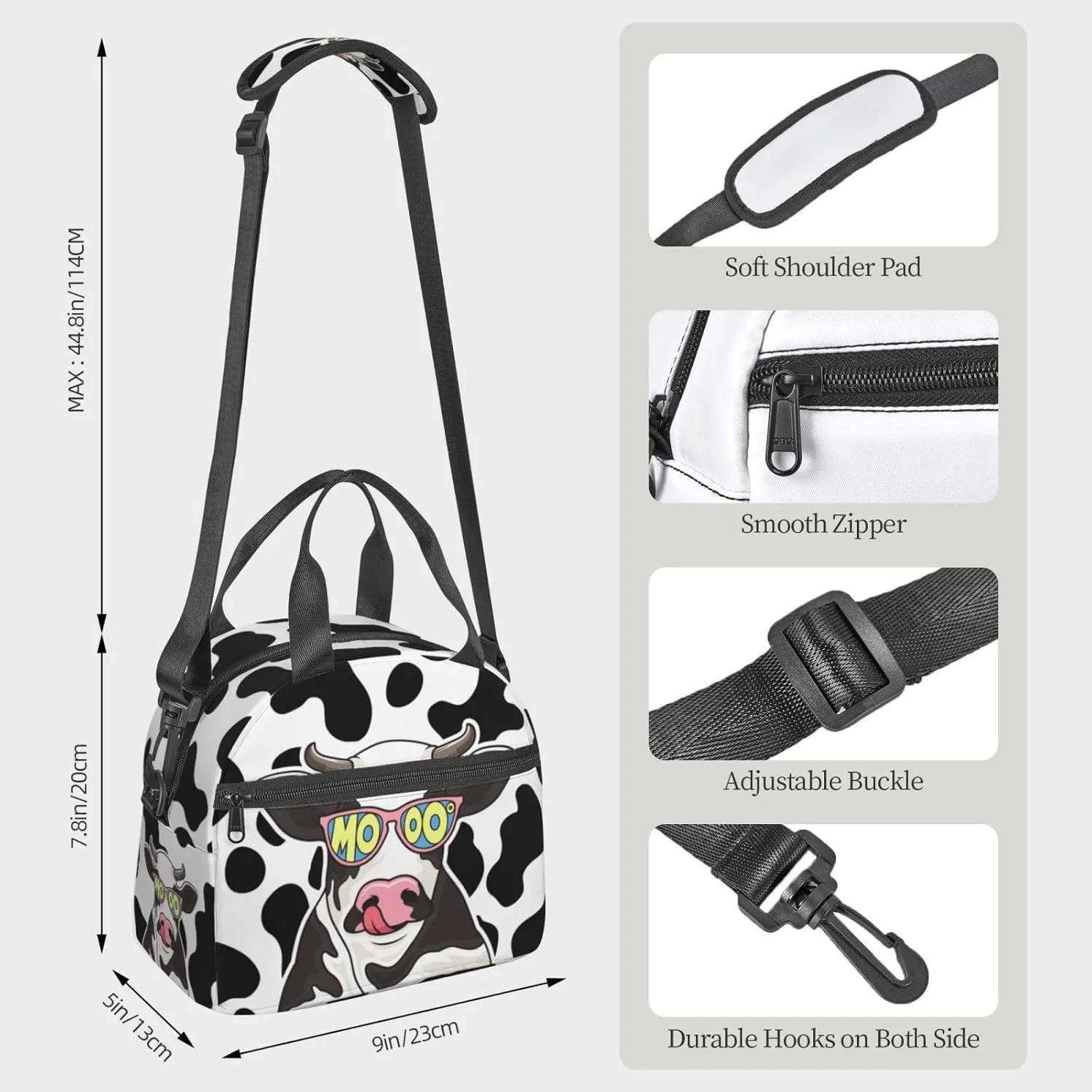 Cute Cow Glasses Lunch Bag with Adjustable Shoulder Strap for Women Men Reusable Lunch Box Leakproof Tote Bags Insulated Cooler for Work Travel Outdoor(9 x 5 x 7.8 Inches)