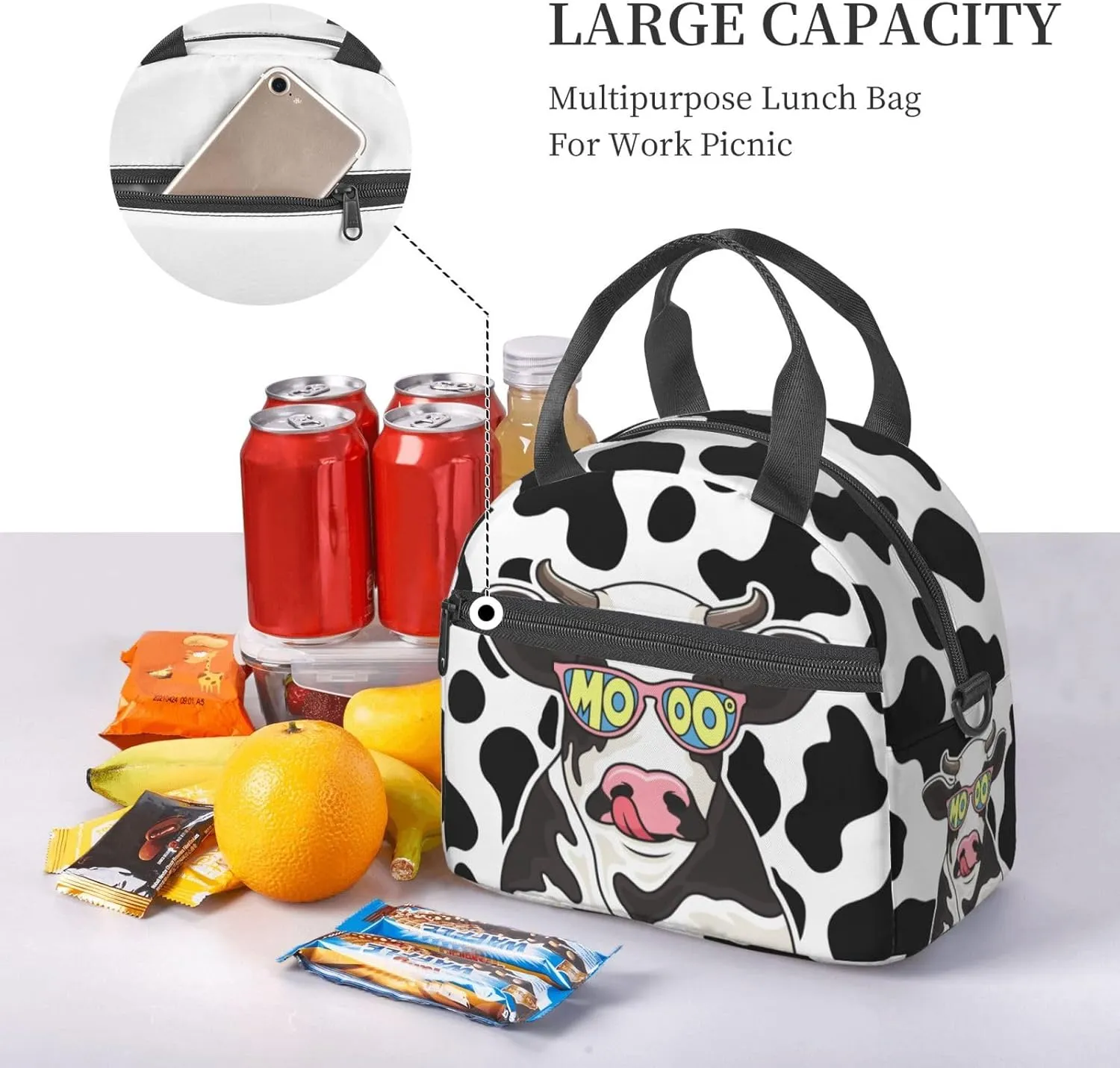 Cute Cow Glasses Lunch Bag with Adjustable Shoulder Strap for Women Men Reusable Lunch Box Leakproof Tote Bags Insulated Cooler for Work Travel Outdoor(9 x 5 x 7.8 Inches)