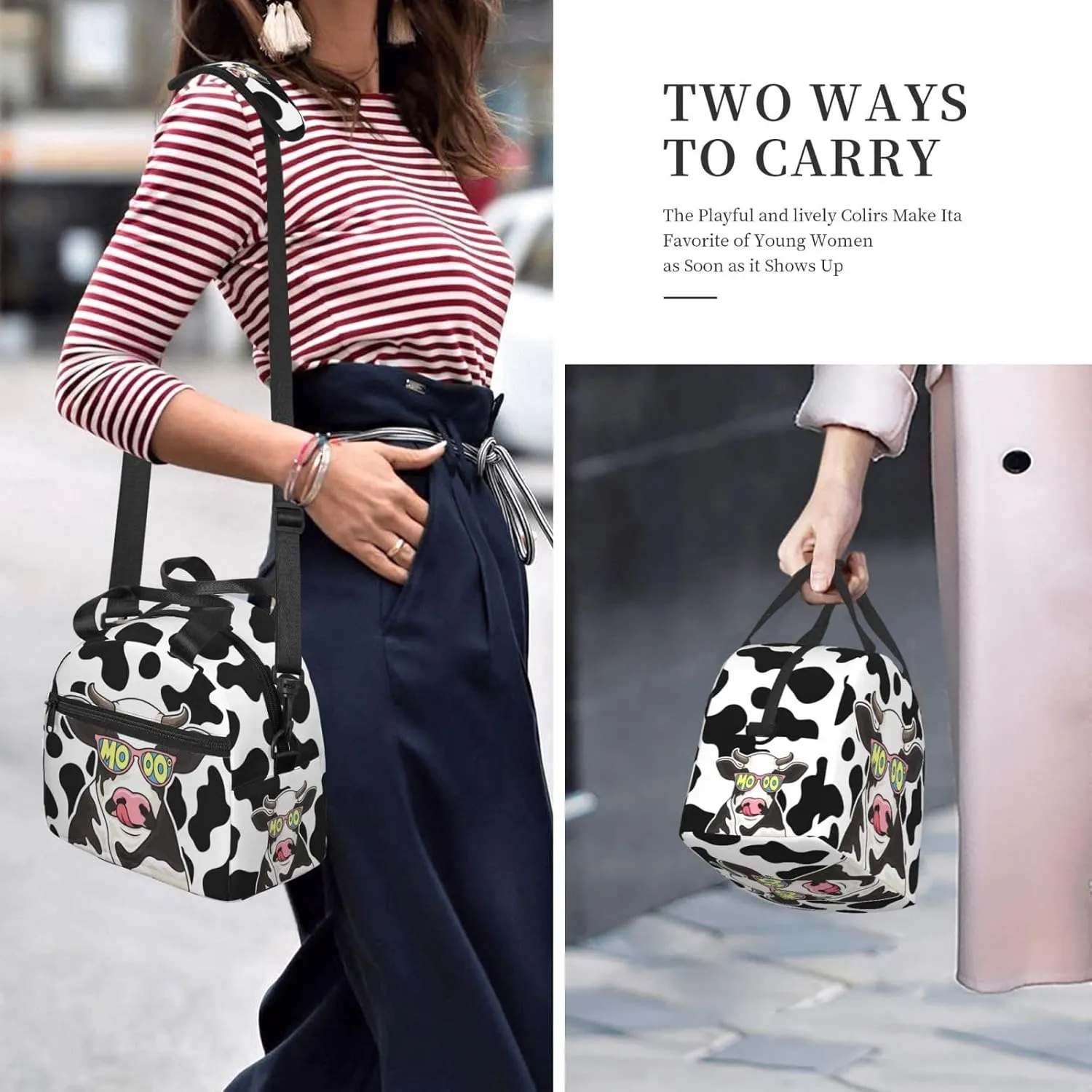 Cute Cow Glasses Lunch Bag with Adjustable Shoulder Strap for Women Men Reusable Lunch Box Leakproof Tote Bags Insulated Cooler for Work Travel Outdoor(9 x 5 x 7.8 Inches)