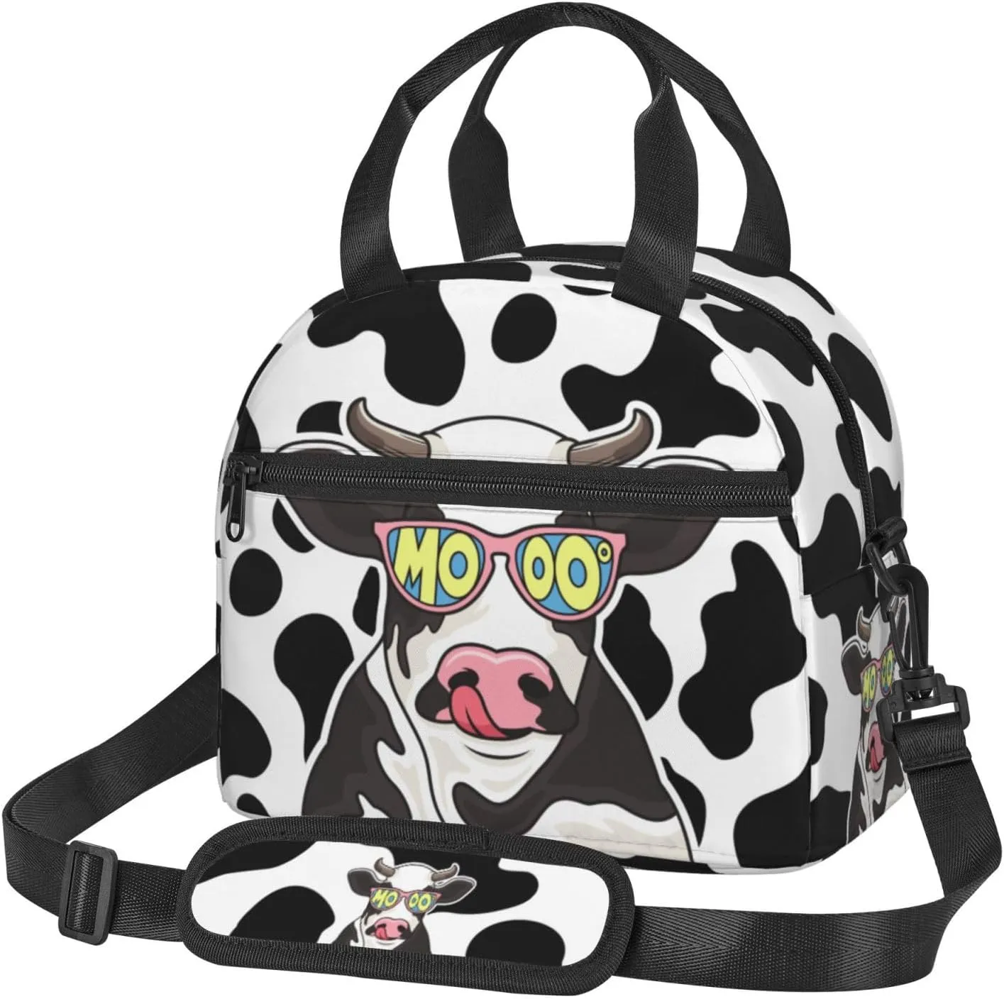 Cute Cow Glasses Lunch Bag with Adjustable Shoulder Strap for Women Men Reusable Lunch Box Leakproof Tote Bags Insulated Cooler for Work Travel Outdoor(9 x 5 x 7.8 Inches)