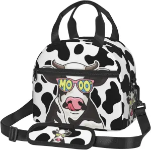 Cute Cow Glasses Lunch Bag with Adjustable Shoulder Strap for Women Men Reusable Lunch Box Leakproof Tote Bags Insulated Cooler for Work Travel Outdoor(9 x 5 x 7.8 Inches)