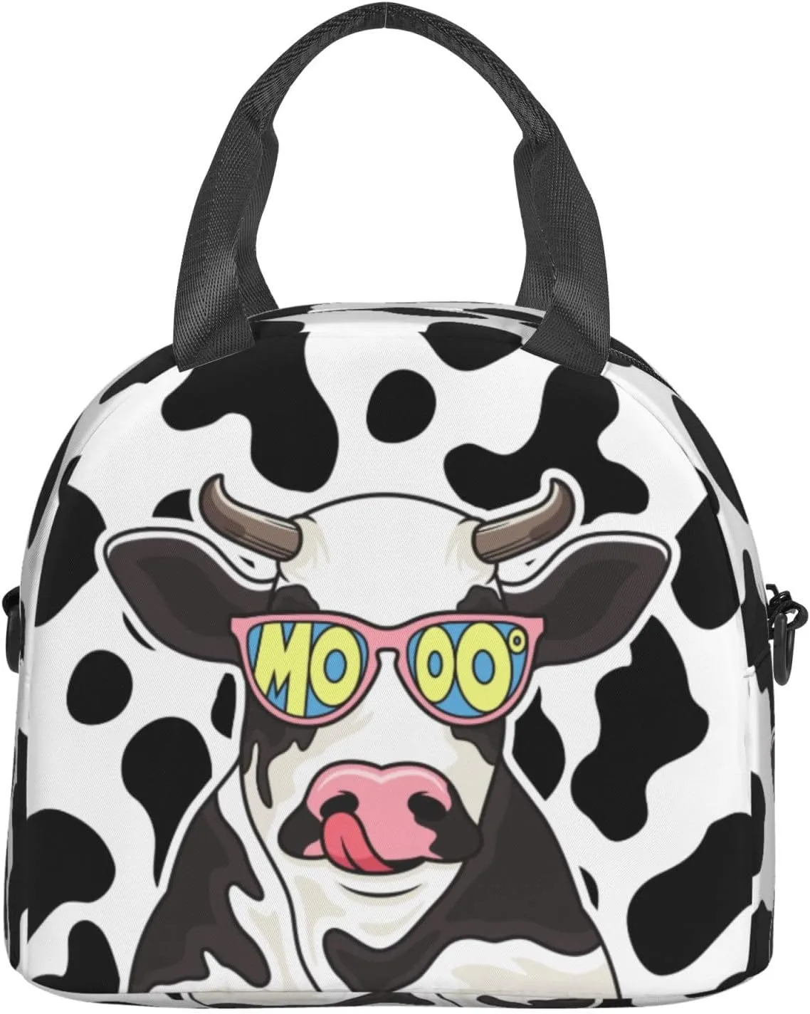 Cute Cow Glasses Lunch Bag with Adjustable Shoulder Strap for Women Men Reusable Lunch Box Leakproof Tote Bags Insulated Cooler for Work Travel Outdoor(9 x 5 x 7.8 Inches)