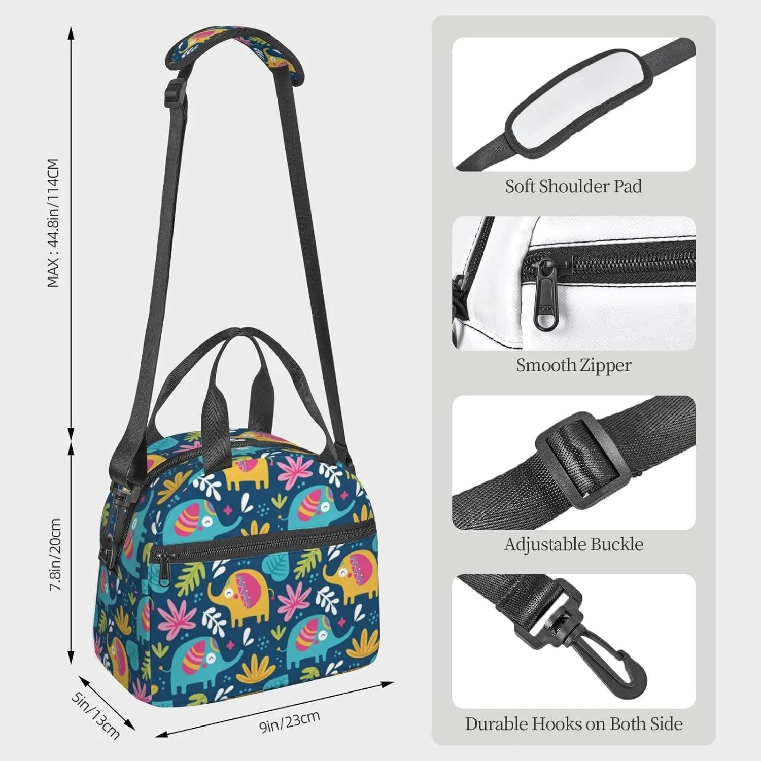 Cute Elephants and Leaves Lunch Bag with Adjustable Shoulder Strap for Women Men Reusable Lunch Box Leakproof Tote Bags Insulated Cooler for Work Travel Outdoor(9 x 5 x 7.8 Inches)
