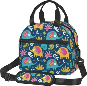 Cute Elephants and Leaves Lunch Bag with Adjustable Shoulder Strap for Women Men Reusable Lunch Box Leakproof Tote Bags Insulated Cooler for Work Travel Outdoor(9 x 5 x 7.8 Inches)