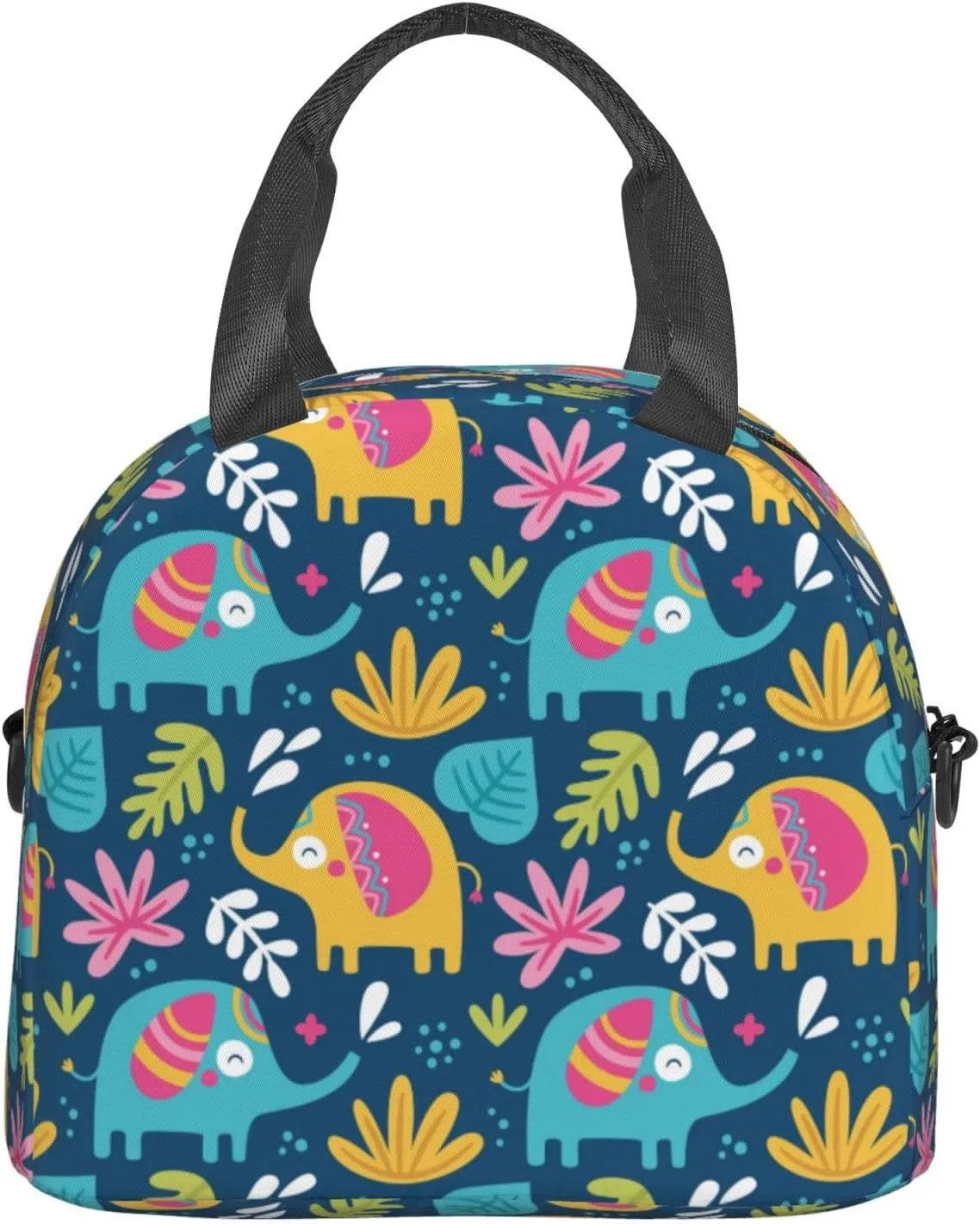 Cute Elephants and Leaves Lunch Bag with Adjustable Shoulder Strap for Women Men Reusable Lunch Box Leakproof Tote Bags Insulated Cooler for Work Travel Outdoor(9 x 5 x 7.8 Inches)