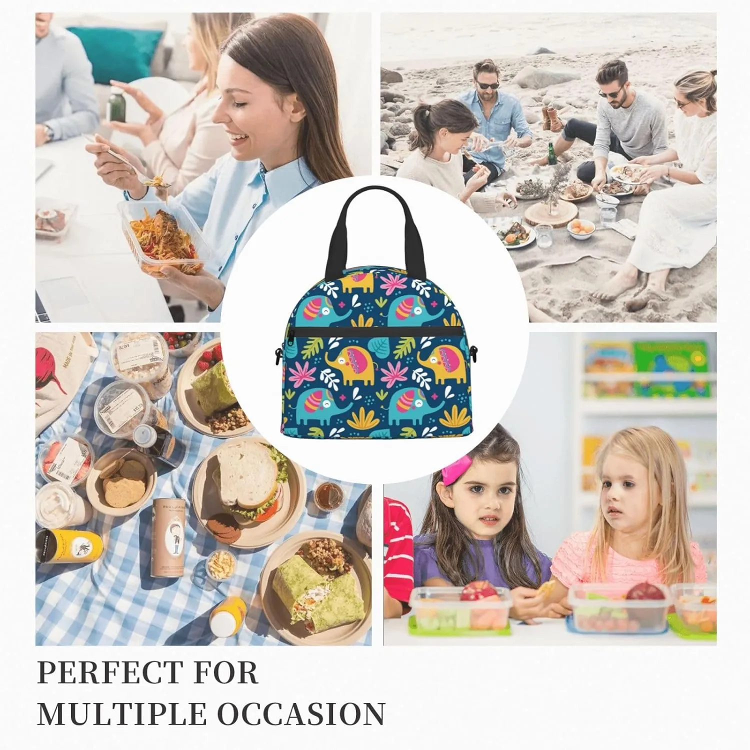 Cute Elephants and Leaves Lunch Bag with Adjustable Shoulder Strap for Women Men Reusable Lunch Box Leakproof Tote Bags Insulated Cooler for Work Travel Outdoor(9 x 5 x 7.8 Inches)